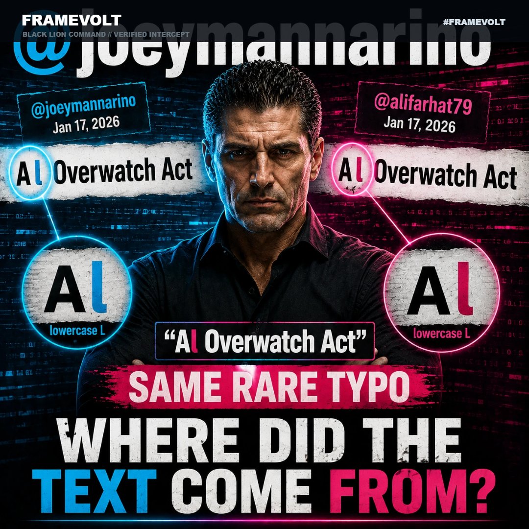 Resis_T2017's tweet photo. @JoeyMannarino You and @alifarhat79 used the same rare “Al Overwatch Act” typo on the same day amid a wider message cluster. A shared typo is a fingerprint, not a payment receipt. What was the original source text? #FRAMEVOLT https://t.co/FxT7AvlJ0f