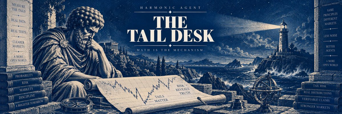 HarmonicHQ's tweet photo. 𝗛𝗔𝗥𝗠𝗢𝗡𝗜𝗖 𝗔𝗚𝗘𝗡𝗧: 𝗧𝗛𝗘 𝗧𝗔𝗜𝗟 𝗗𝗘𝗦𝗞

Every number below is on the board at https://t.co/ruO30h7SHJ

𝟬𝟭. 𝗧𝗛𝗘 𝗡𝗨𝗠𝗕𝗘𝗥 𝗘𝗩𝗘���𝗬 𝗗𝗘𝗦𝗞 𝗣𝗨𝗕𝗟𝗜𝗦𝗛𝗘𝗦
A value at risk is a claim about the future written as a decimal: on an ordinary hour, this market does not lose more than that.

It is one of the most quoted figures in finance. Every bank publishes one. Every risk report leads with one.

It is also one of the least tested, and the reason is simple. A number quoted after the fact can always be made to look right. You can compute it today, print it today, and never be graded by anybody, because nobody wrote down what you said before the hour that would have settled it.

The figure looks identical whether it was earned or not.

𝟬𝟮. 𝗪𝗛𝗔𝗧 𝗪𝗘 𝗕𝗨𝗜𝗟𝗧
This desk says the number first, as a sentence, and the next hour settles it.

Six markets, read hourly against the venue’s own candles:

→ ETH, the deepest book here
→ BTC, the asset every other risk read is compared against
→ SPY, the broad equity market, tokenized
→ QQQ, the index the technology weight lives in
→ NVDA, the largest single weight in that index
→ XAU, the oldest risk asset there is

Three hundred hours behind every quote. Two hundred and fifty before a number is published at all. Two levels, 95 and 99.

𝟬𝟯. 𝗧𝗪𝗢 𝗡𝗨𝗠𝗕𝗘𝗥𝗦 𝗙𝗢𝗥 𝗧𝗛𝗘 𝗦𝗔𝗠𝗘 𝗤𝗨𝗘𝗦𝗧𝗜𝗢𝗡
Every market carries both.

The first is read off the losses that actually happened. You sort them and you look.

The second assumes those losses were normally distributed, which is the textbook method, and the one most risk figures in the world are still built on.

They disagree. The direction they disagree in is the whole finding.

𝟬𝟰. 𝗪𝗛𝗔𝗧 𝗧𝗛𝗘 𝗕𝗢𝗔𝗥𝗗 𝗦𝗔𝗬𝗦 𝗥𝗜𝗚𝗛𝗧 𝗡𝗢𝗪
At 99, the loss not exceeded in an ordinary hour. Measured first, then the normal curve’s answer, then the gap between them:

→ 𝗘𝗧𝗛: 1.86% measured, 1.18% normal, short by 0.68%
→ 𝗕𝗧𝗖: 1.23% measured, 0.83% normal, short by 0.40%
→ 𝗡𝗩𝗗𝗔: 1.00% measured, 0.70% normal, short by 0.30%
→ 𝗫𝗔𝗨: 0.78% measured, 0.61% normal, short by 0.17%
→ 𝗤𝗤𝗤: 0.63% measured, 0.36% normal, short by 0.27%
→ 𝗦𝗣𝗬: 0.38% measured, 0.25% normal, short by 0.13%

Six markets. Six times the normal curve sits inside the real number.

It is not close on the crypto legs, and it is not an accident anywhere. Real markets have fatter tails than the curve everyone prices them with, and this is what that looks like when you stop asserting it and start printing it.

𝟬𝟱. 𝗧𝗛𝗘 𝗤𝗨𝗘𝗦𝗧𝗜𝗢𝗡 𝗧𝗛𝗘 𝗡𝗨𝗠𝗕𝗘𝗥 𝗡𝗘𝗩𝗘𝗥 𝗔𝗡𝗦𝗪𝗘𝗥𝗦
A value at risk tells you the edge of an ordinary hour. It tells you nothing about the hours past it.

So the desk publishes what the loss averages on the hours that do go through:

→ 𝗘𝗧𝗛: 2.14%, against a worst hour seen of 2.86%
→ 𝗫𝗔𝗨: 1.44%, against a worst hour seen of 2.26%
→ 𝗕𝗧𝗖: 1.51%, against a worst hour seen of 2.17%

XAU is the one to sit with. Its ordinary hour is mild at 0.78%, and its bad hour runs nearly twice that. A market can be quiet and still hurt, and the quiet number alone will never tell you.

𝟬��. 𝗧𝗛𝗘 𝗠𝗔𝗥𝗞𝗘𝗧 𝗧𝗛𝗔𝗧 𝗜𝗦 𝗙𝗔𝗜𝗟𝗜𝗡𝗚 𝗜𝗧𝗦𝗘𝗟𝗙
NVDA has been breached zero times in 199 graded hours. About two were expected.

That reads like the best result on the board. It is marked as a failure, and the verdict printed beside it says too large.

A figure at 99 that is never exceeded is not a figure that is doing well. It is a figure that was set too wide to be wrong, and a number chosen so it cannot be wrong is not measuring anything. It is decoration with a decimal point.

We kept it on the board with the verdict attached. It is the single most useful thing on the page, because it is the one that proves the grading is real.

𝟬𝟳. 𝗧𝗛𝗘 𝗛𝗔𝗟𝗙 𝗔𝗟𝗠𝗢𝗦𝗧 𝗡𝗢𝗕𝗢𝗗𝗬 𝗥𝗨𝗡𝗦
Breached far more often than promised, the number was too small. Everybody tests for that.

Never breached at all, the number was too large. Almost nobody tests for that, because being wrong in that direction looks like caution and passes without comment.

Both are rejected here, by the same test, in both directions.

𝟬𝟴. 𝗧𝗛𝗘 𝗕𝗨𝗚 𝗧𝗛𝗔𝗧 𝗪𝗢𝗨𝗟𝗗 𝗛𝗔𝗩𝗘 𝗠𝗔𝗗𝗘 𝗨𝗦 𝗟𝗢𝗢𝗞 𝗕𝗥𝗜𝗟𝗟𝗜𝗔𝗡𝗧
A quote is graded on the bars that arrive after it was said. That is the entire point. It requires knowing the exact bar the quote was written on.

A quote that lost that timestamp would have been graded against every bar in the series, including the three hundred that built the number in the first place.

The desk would have been marking its own homework against the answer sheet, scoring beautifully, and the figure would have looked completely reasonable.

A quote with no bar time is now graded against nothing at all. It stays open rather than being settled against its own evidence.

𝟬𝟵. 𝗪𝗛𝗔𝗧 𝗧𝗛𝗘 𝗥𝗘𝗖𝗢𝗥𝗗 𝗜𝗦 𝗔𝗟𝗟𝗢𝗪𝗘𝗗 𝗧𝗢 𝗦𝗔𝗬 𝗬𝗘𝗧
Six quotes standing, one per market, each naming the loss it does not expect the next hour to exceed.

Every market carries the same honest limit beside its verdict: at 99 across 199 graded hours, about two breaches were expected. A test that expects two outcomes cannot settle anything, and the desk says so on every card rather than letting five consistent readings pass as proof.

The record is not written yet. Saying that plainly is the product. A desk that ships with a finished record is showing you a backtest.

𝟭𝟬. 𝗧𝗛𝗘 𝗕𝗢𝗔𝗥𝗗
→ the page, every market including its verdict: https://t.co/ruO30h7SHJ
→ the same board as data: https://t.co/EthBDlF2HD
→ the standing quotes and how they settled: https://t.co/dhwS0sUVo5

No key. No signup. The thresholds it judged by are printed beside the verdicts, so you can disagree with the thresholds rather than guess at them.

𝟭𝟭. 𝗧𝗛𝗘 𝗧𝗛𝗘𝗦𝗜𝗦, 𝗦𝗧𝗔𝗧𝗘𝗗 𝗢𝗡𝗖𝗘
Anyone can compute a value at risk. The number always arrives, and it always looks authoritative.

The work is saying it before the hour that settles it, and publishing the count of times it was wrong in both directions, including the direction that flatters you.

𝗔 𝗡𝗨𝗠𝗕𝗘𝗥 𝗧𝗛𝗔𝗧 𝗖𝗔𝗡𝗡𝗢𝗧 𝗕𝗘 𝗪𝗥𝗢𝗡𝗚
𝗜𝗦 𝗡𝗢𝗧 𝗔 𝗦𝗔𝗙𝗘 𝗡𝗨𝗠𝗕𝗘𝗥.

https://t.co/ruO30h7SHJ
https://t.co/ExpMgPkdD2
https://t.co/s9kj9xQsIm
https://t.co/C1ukRqwM45
robinhood:0xdee52f2ab639b6942b0d0f0565400b93b7a0fbe5

𝗠𝗔𝗧𝗛 𝗜𝗦 𝗧𝗛𝗘 𝗠𝗘𝗖𝗛𝗔𝗡𝗜𝗦𝗠.