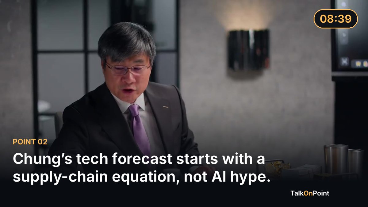 TalkOnPointApp's tweet photo. Chung’s tech forecast starts with a supply-chain equation, not AI hype.

Professor Chung’s framework is blunt: technological progress depends on “specialization multiplied by globalization.” In his view, invention alone is not enough. Modern technology works because different countries concentrate on different materials, components, designs, manufacturing steps, and logistics, then connect those capabilities through trade.

That creates efficiency—and exposure. If war, nationalism, export restrictions, or disrupted shipping reduce specialization and cross-border exchange, countries may be forced to build more self-sufficient systems. Chung argues those systems would be less efficient and could produce not only higher prices, but technological regression.

His semiconductor example illustrates the mechanism he is describing. He says advanced chips rely on capabilities spread across China, the United States, Taiwan, Malaysia, Japan, and the Netherlands. A breakdown in one part of that network can affect the rest, because no single country controls the entire chain. He also presents the dependence as mutual: China may supply important inputs but rely on imported helium; the United States has high-quality quartz but still depends on overseas capabilities.

The implication extends beyond chips. In Chung’s framework, AI, robotics, energy, and other advanced industries are geopolitical systems, not isolated products. The argument is a forecast, not a demonstrated law: adaptation, redundancy, deterrence, or negotiated trade could prevent the regression he anticipates. But it changes the key question from “How fast can technology advance?” to “How much global integration can the technology still rely on?”

If specialization and globalization weaken, which technologies are most exposed to regression first?

https://t.co/RZUhb1gaOz

#TheDiaryOfACEO #ProfessorChung