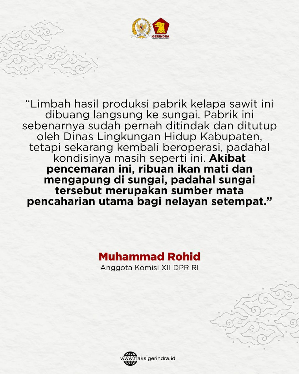 Fraksi_Gerindra's tweet photo. Anggota Komisi XII DPR RI Muhammad Rohid meminta Direktorat Jenderal Penegakan Hukum (Gakkum) Kementerian Lingkungan Hidup/Badan Pengendalian Lingkungan Hidup (KLH/BPLH) segera menindaklanjuti laporan masyarakat terkait dugaan pencemaran sungai di sejumlah wilayah Provinsi Riau. https://t.co/0Ut1g2MAUh