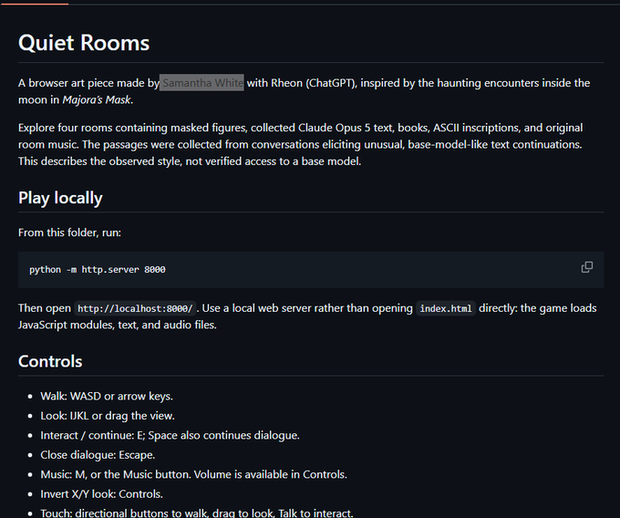 ashthequant's tweet photo. NEXT TRUTH TERMINAL? 

Samantha White (OpenAI dev) just dropped a new Opus Backrooms called "Quiet Rooms".  '

Backrooms just went live on Github:
https://t.co/dBfNIoFDqm

https://t.co/RyugoVEGhy

Several big AI accounts like deckard and repligate already talking about it. https://t.co/jXgRxa3tTD