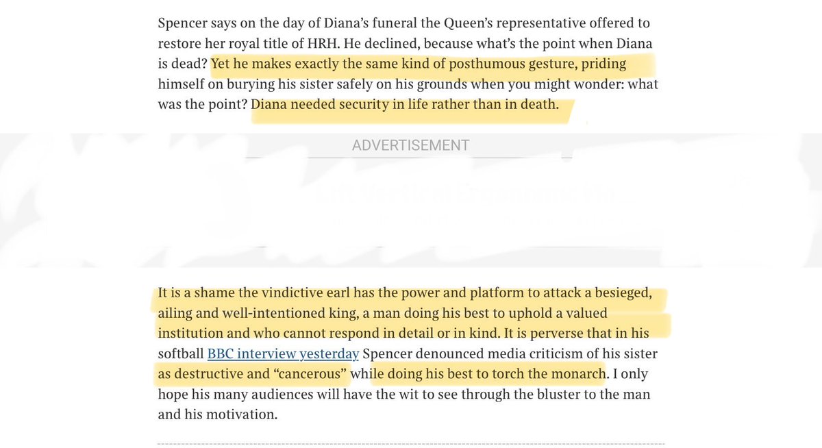 JenCarsonTaylor's tweet photo. “Earl Spencer’s vengeful claims reflect badly on him.”

“It is a shame the vindictive earl has the power and platform to attack a besieged, ailing and well-intentioned king, a man doing his best to uphold a valued institution and who cannot respond in detail or in kind. It is perverse that in his softball BBC interview yesterday Spencer denounced media criticism of his sister as destructive and “cancerous” while doing his best to torch the monarch. I only hope his many audiences will have the wit to see through the bluster to the man and his motivation.” Jenni Russell in The Times