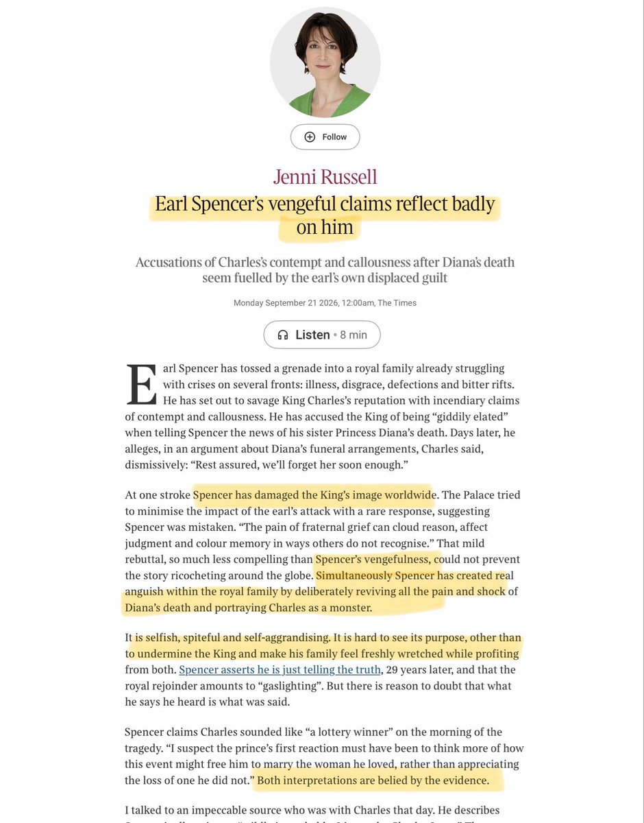 JenCarsonTaylor's tweet photo. “Earl Spencer’s vengeful claims reflect badly on him.”

“It is a shame the vindictive earl has the power and platform to attack a besieged, ailing and well-intentioned king, a man doing his best to uphold a valued institution and who cannot respond in detail or in kind. It is perverse that in his softball BBC interview yesterday Spencer denounced media criticism of his sister as destructive and “cancerous” while doing his best to torch the monarch. I only hope his many audiences will have the wit to see through the bluster to the man and his motivation.” Jenni Russell in The Times