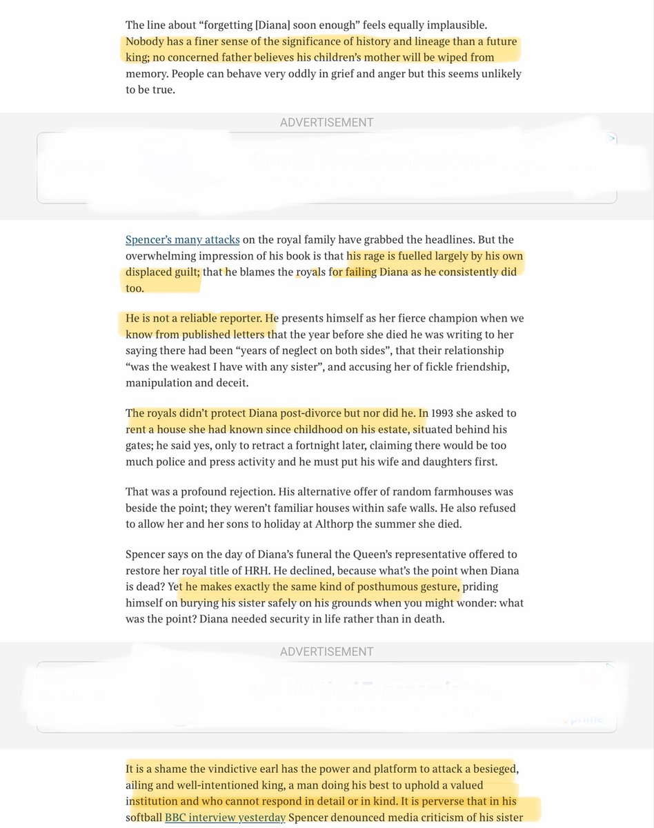 JenCarsonTaylor's tweet photo. “Earl Spencer’s vengeful claims reflect badly on him.”

“It is a shame the vindictive earl has the power and platform to attack a besieged, ailing and well-intentioned king, a man doing his best to uphold a valued institution and who cannot respond in detail or in kind. It is perverse that in his softball BBC interview yesterday Spencer denounced media criticism of his sister as destructive and “cancerous” while doing his best to torch the monarch. I only hope his many audiences will have the wit to see through the bluster to the man and his motivation.” Jenni Russell in The Times
