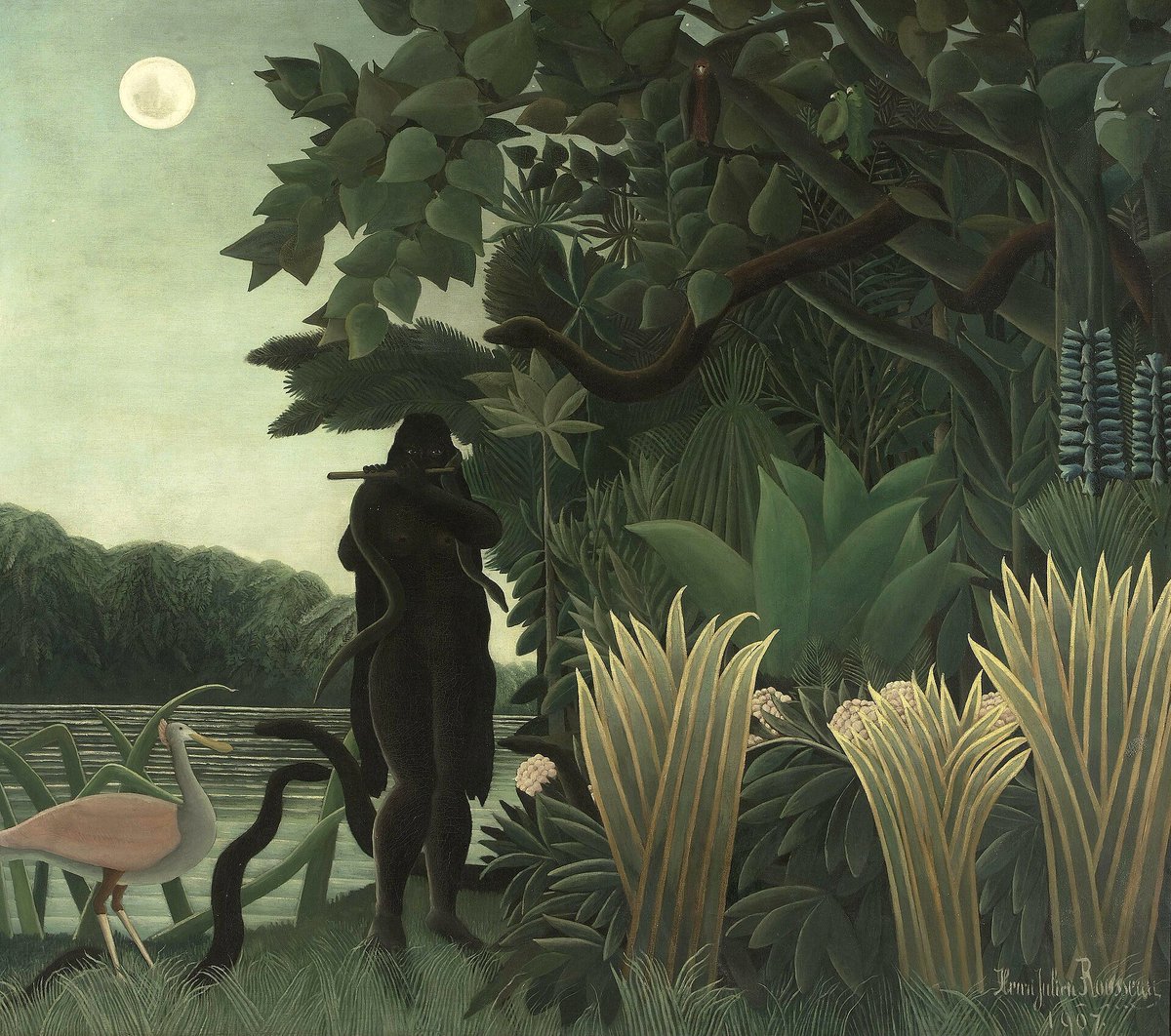 TheNobleMarch's tweet photo. Rousseau was known for odd perspectives, signature shapes, and exotic scenes. He was not a trained painter, making him a "Naïve" artist, or a primitivist. He simply painted the things he wanted to paint. https://t.co/ukuunZgcK3