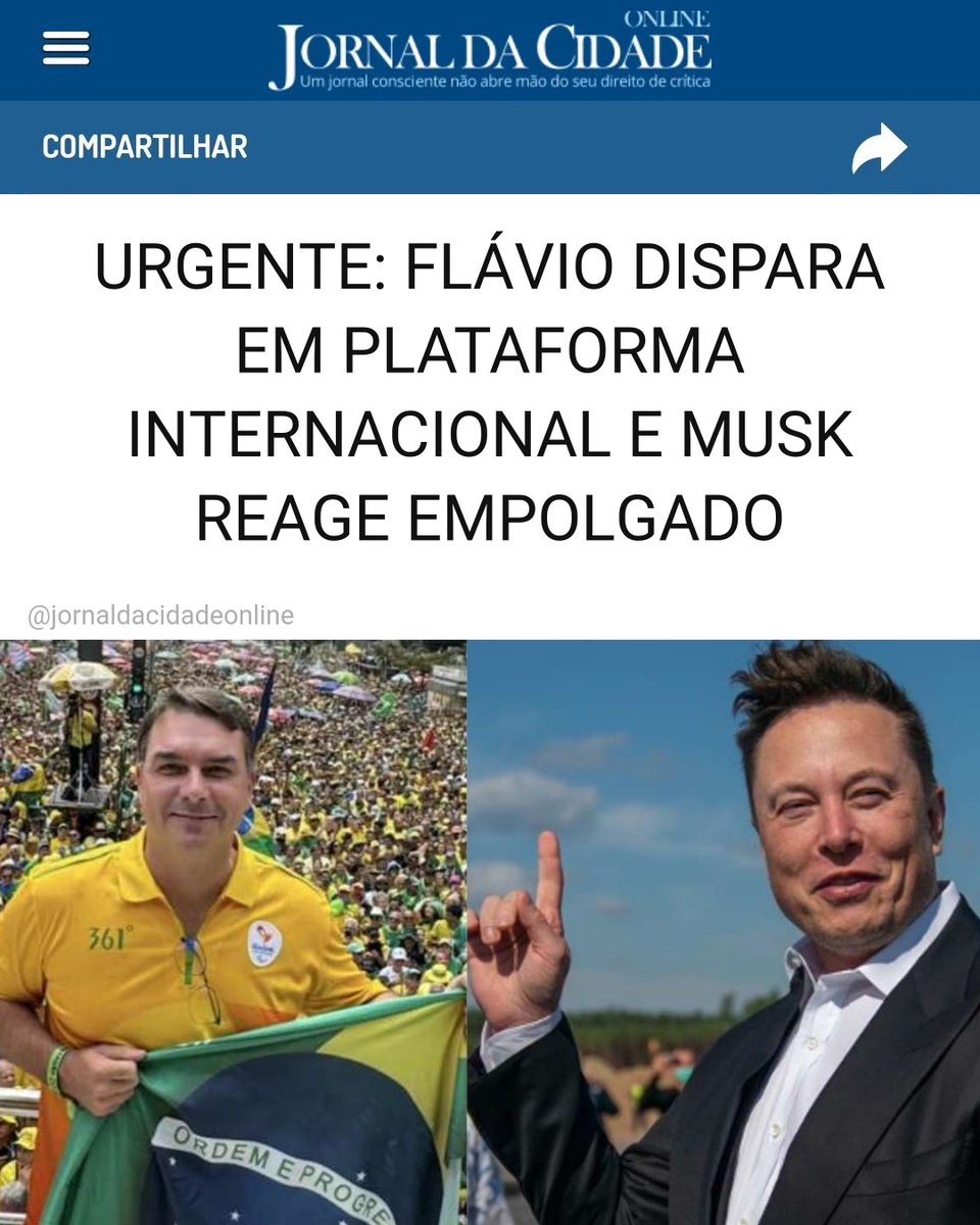 JornalDaCidadeO's tweet photo. URGENTE: FLÁVIO DISPARA EM PLATAFORMA INTERNACIONAL E MUSK REAGE EMPOLGADO

Elon Musk chamou atenção neste domingo (20) ao reagir com a expressão "Wow" ("Uau") a uma publicação no X que destacava os números atribuídos a Flávio Bolsonaro (PL) e Luiz Inácio Lula da Silva (PT) no mercado de previsões Polymarket.

A publicação compartilhada por Musk apresentava Flávio com 58% e Lula com 42% nas estimativas da plataforma para a eleição presidencial brasileira.

Dados disponíveis na própria Polymarket neste domingo mostravam percentuais semelhantes, com Flávio Bolsonaro em aproximadamente 58% e Lula em 42%.

Matéria do Jornal da Cidade Online