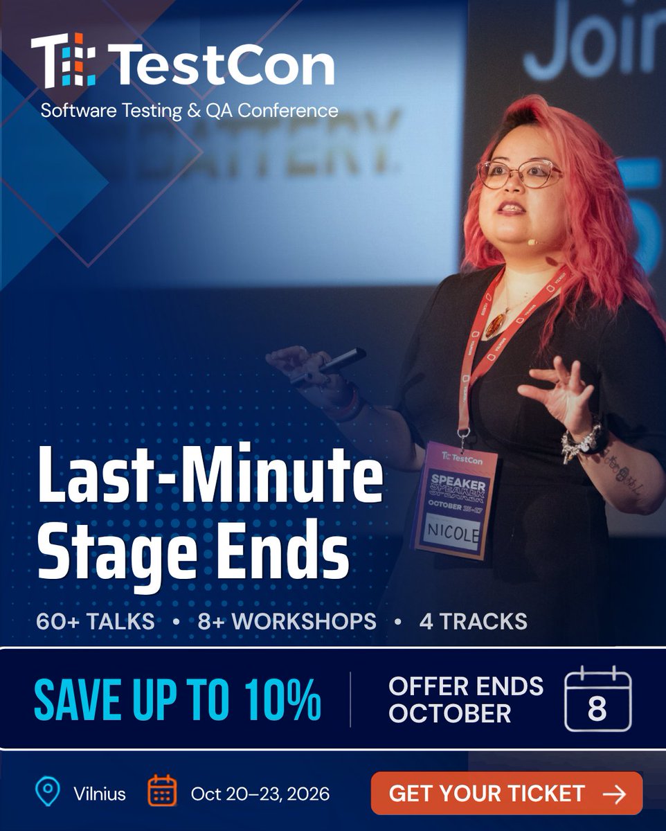 TestConEurope's tweet photo. TestCon Europe 2026 is almost here 🚀

🎤 60+ talks
🛠️ 8+ workshops
🎯 4 tracks
🤖 Testing with AI — and testing AI

🎟️ One-day tickets available
👥 4 tickets for the price of 3

📍 Oct 20–23 | Vilnius &amp; Online
⏳ Save 10% until Oct 8

Get your ticket → https://t.co/Uqj16lzKEx https://t.co/lqzTnlIlc2