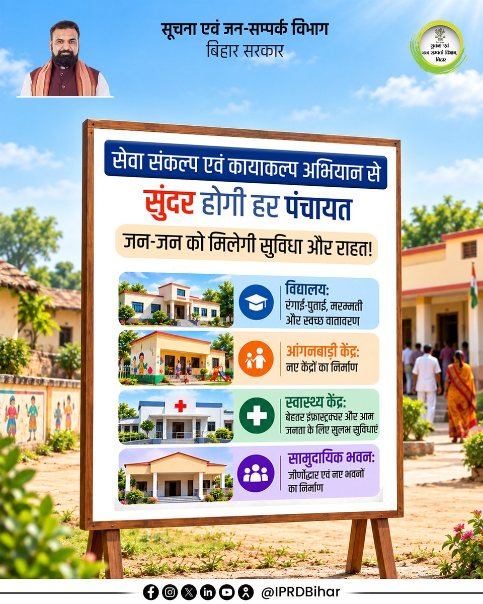 IPRDBihar's tweet photo. संवरेगी हर पंचायत, दिखेगी विकास की नई तस्वीर!

माननीय मुख्यमंत्री श्री सम्राट चौधरी जी के नेतृत्व में ‘सेवा संकल्प एवं कायाकल्प' अभियान के माध्यम से पंचायत स्तर पर जनसुविधाओं को बेहतर बनाने और सार्वजनिक परिसंपत्तियों को सुदृढ़ करने का संकल्प लिया गया है। इससे बिहार के गांवों की तस्वीर बदलेगी।

#SevaSankalpKayakalpAbhiyan
#SamratChoudhary