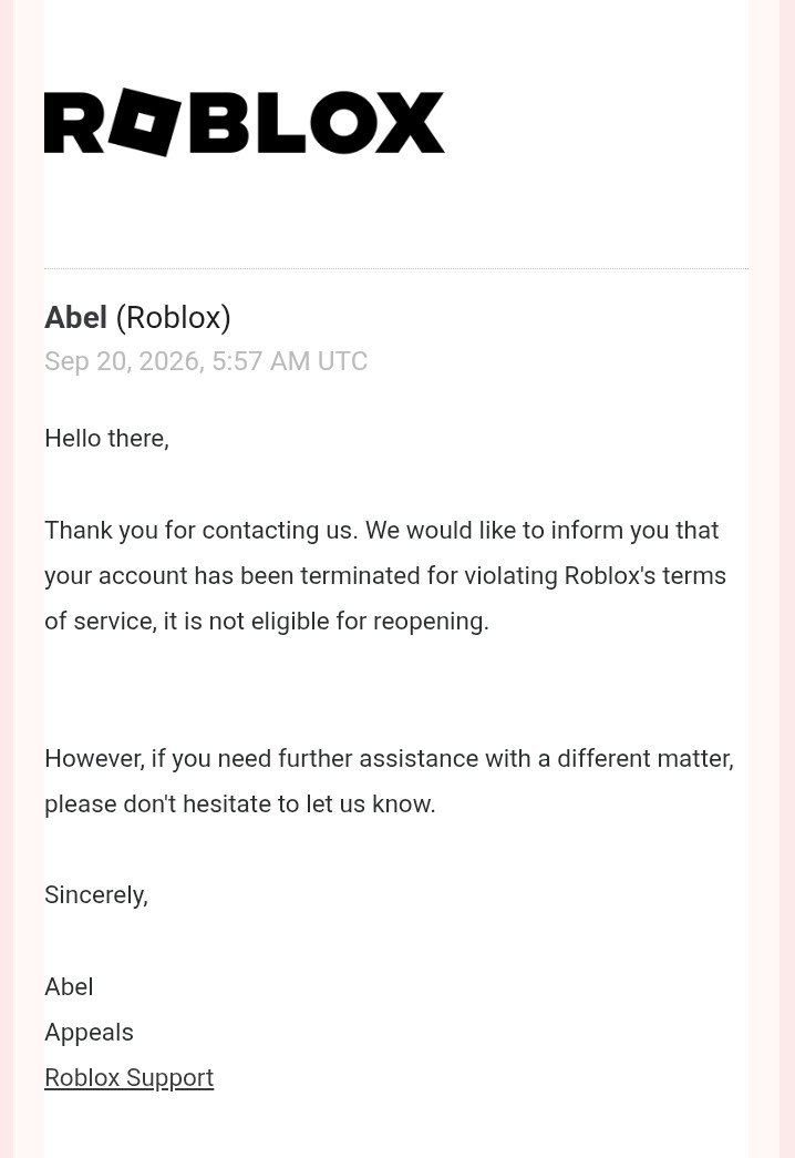 Roxyxtea11's tweet photo. Day 5 of my perma ban (user: Roxy_Tea) 

My sister was banned roughly 1 month ago and I was banned on the 16th for apparently being an alt account. My appeals keep getting rejected and In the ticket they said my account is ineligible for reopening. @Roblox https://t.co/VNkAi5N2Sx