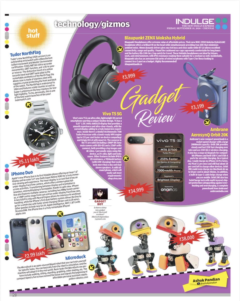 ashokpandian's tweet photo. Hot Stuff - tech column INDULGE, TNIE #indulgexpress #iPhoneDuo #VivoT5 #blaupunkt #ambrane #microduck #Tudor https://t.co/2NIxaLPnAB