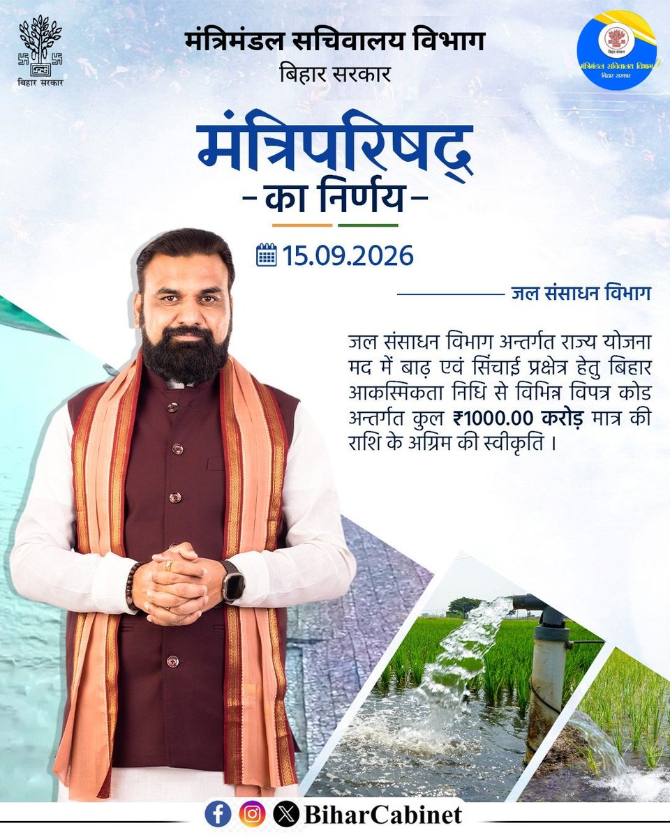 BiharCabinet's tweet photo. 🌊 बाढ़ एवं सिंचाई प्रक्षेत्र को मिलेगी मजबूती!

जल संसाधन विभाग के अंतर्गत राज्य योजना मद में बिहार आकस्मिकता निधि से विभिन्न विपत्र कोड के तहत कुल ₹1,000 करोड़ की राशि के अग्रिम की स्वीकृति प्रदान की गई है।
#BiharCabinetDecisions2026
#FloodManagement 
#BiharDevelopment https://t.co/gkjqjIEEeO