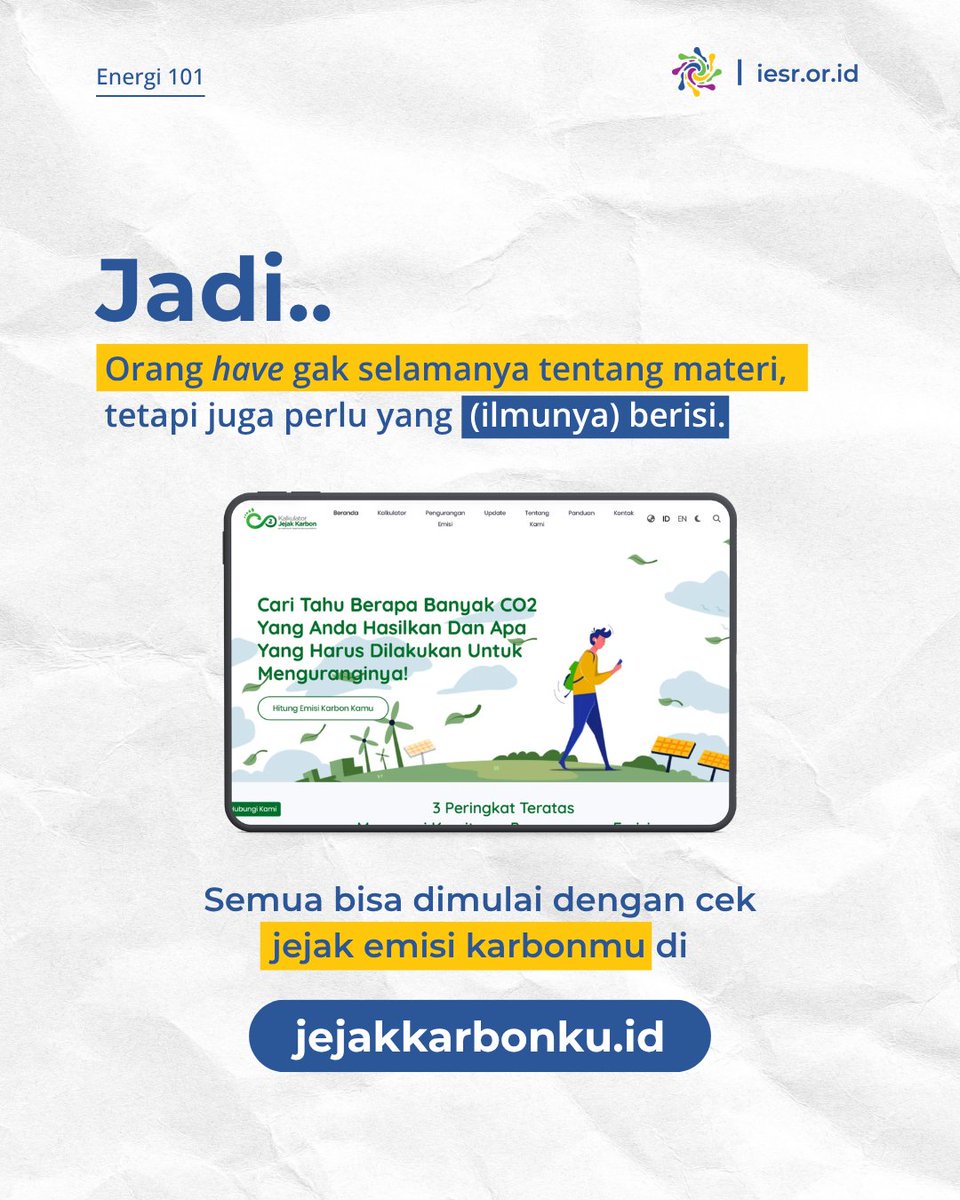 IESR's tweet photo. Mulai dari naik kendaraan listrik biar dompet aman pas BBM naik, pasang PLTS rumah, sampai lebih sadar akan konsumsi energi sehari-hari.  

Semua langkah besar bisa dimulai dari hal kecil, lho. Yuk, kepoin seberapa besar dampak aktivitasmu sehari-hari dengan cek jejak emisi karbon di https://t.co/MGJN9rVLPI! 🌱 #HematEnergi #BebasEmisi