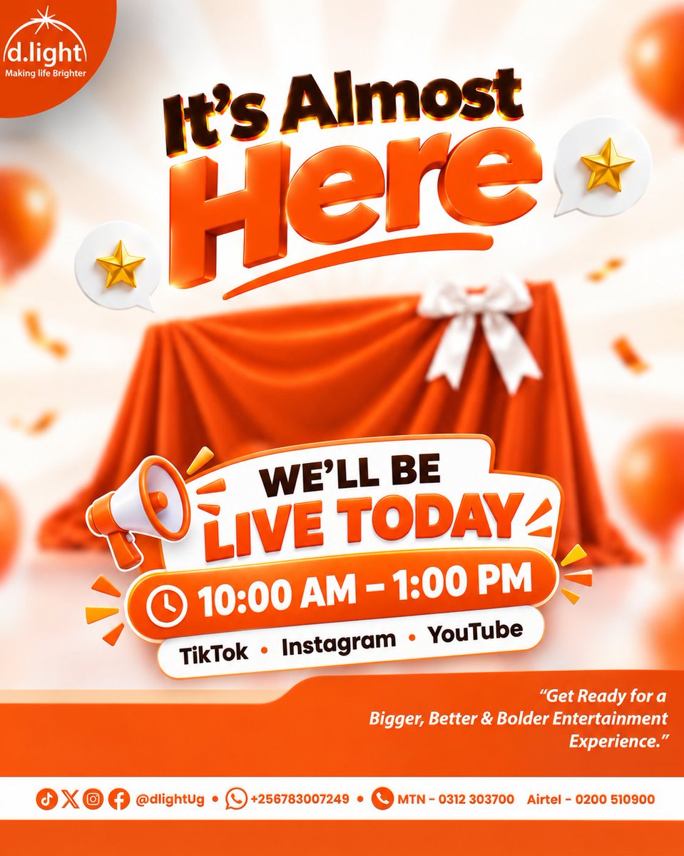 dlight_ug's tweet photo. It's almost here!  We're LIVE today, 10AM–1PM on TikTok, IG &amp; YouTube. Bigger. Better. Bolder. Don't miss it. #dlightUg #wetuli #SolarUganda https://t.co/XQkmsxr8WA