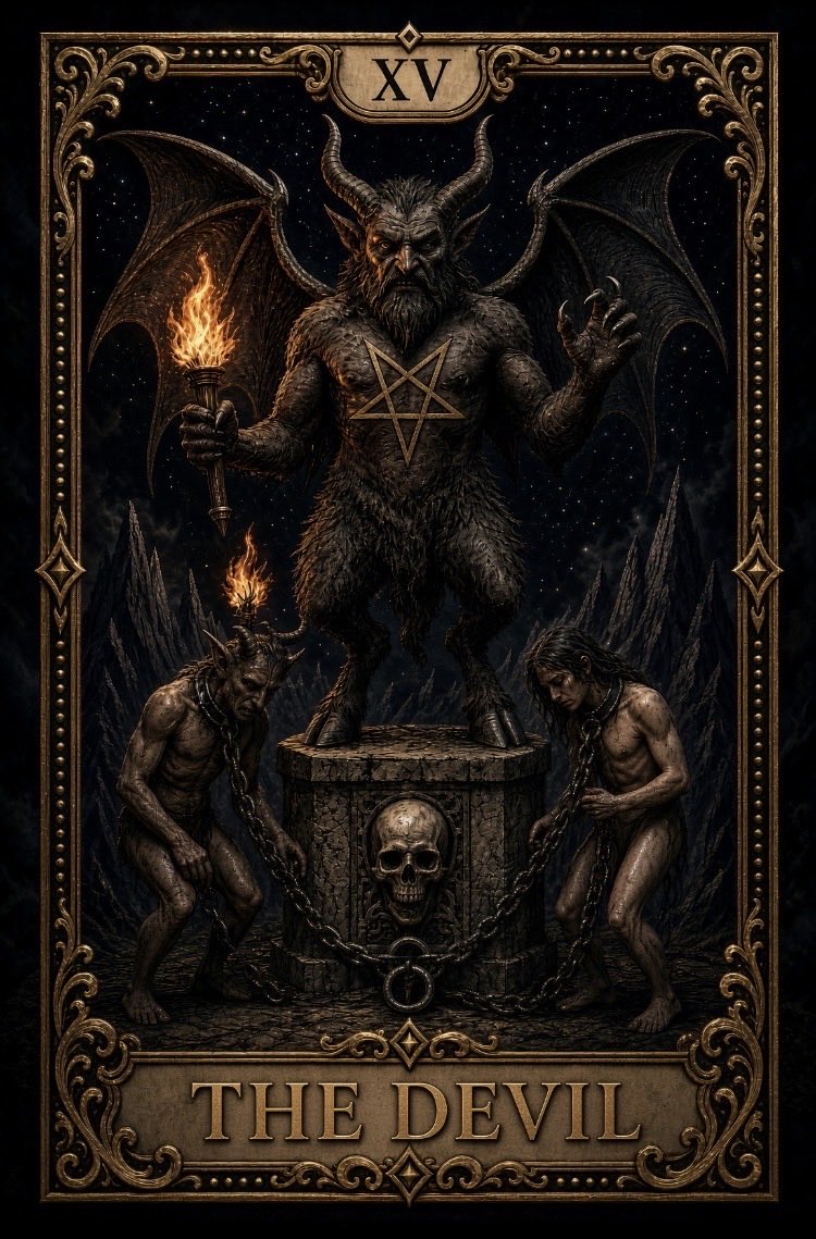 SssShaNegrey's tweet photo. XV "The Devil" is not about Satan from hell, but about his own chains.

On this map, a mighty horned creature with the wings of a bat stands on a stone pedestal with a skull. There is a pentagram on the chest and a torch in the right hand. There are two chained people at the bottom: on the left is almost a demon with horns and fire, on the right is a man with long hair. Dark starry sky, mountains, heavy golden frame.

History: appeared in Italian logs of the XV century. In the Marseille Tarot, the Devil is a bizarre creature with breasts, eyes on his knees and lion's paws. The modern image is almost entirely taken from Baphomet Elifas Levy (1855), the horned goat of Mendes, which was adapted by Ryder and Pamela Colman Smith in 1909.

Main detail: chains on the necks are often loose. They can be removed. The map is not about an external demon, but about self-imposed slavery - addictions, materialism, toxic connections, obsession with power or pleasure.

The number 15 is reduced to 6. Astrology — Capricorn and Saturn. The Hebrew letter Ain means "eye": we see the surface and accept the illusion for the only reality.

Direct position - dependence, temptation, control, shadow. Turned over is a chance to drop the shackles.

The devil does not punish the Tarot. It shows where you have already agreed to be a slave.

#Tarot #Senior Arcana #Devil #TheDevil #XV #Baphomet #Shadow #Addiction