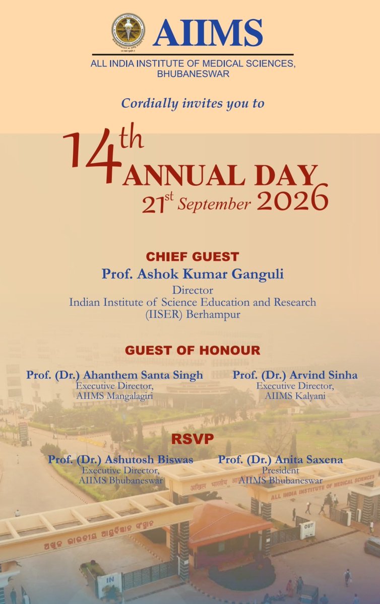 AIIMSBhubaneswr's tweet photo. On the 14th #AnnualDay of @AIIMSBhubaneswr, the Executive Director & CEO, Dr. Ashutosh Biswas, extends his heartfelt greetings and best wishes to the entire AIIMS Bhubaneswar family and everyone associated with this esteemed institution.
@MoHFW_INDIA https://t.co/7BT9qfTEgk