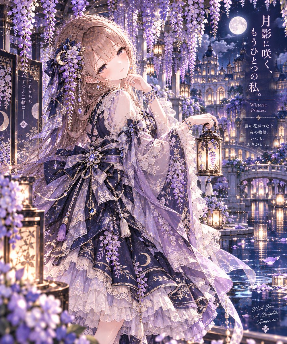 AIXyu1v's tweet photo. 🌙💜 プロンプト配布｜月夜の藤姫和ロリ
＃ゆきプロンプト

藤紫×紺×月白×銀で彩る、幻想的な和ロリ衣装✨
振袖風の袖に藤刺繍、銀糸レース、帯リボン、月石の装飾をたっぷりと。

背景も満開の藤棚＋月を映す池＋和洋折衷の離宮へ🌙
月明かりと藤の花に包まれる、静かで優雅な一枚をぜひお試しください💜

【プロンプト】
Use the provided character reference as the visual basis for the character.

Theme:
Moonlit Wisteria Princess Wa-Lolita — an elegant Japanese-Western fusion Lolita fashion inspired by moonlight, cascading wisteria flowers, furisode sleeves, silver lace, moonstone, and a serene aristocratic garden at night.

Visual theme:
wisteria purple × deep navy × lunar white × moonlight silver,
Wa-Lolita fashion,
faux-furisode sleeves,
wisteria embroidery,
silver-thread lace,
obi ribbon,
moonstone jewelry,
moonlit wisteria trellis,
reflecting pond,
and an elegant Japanese-Western palace.

The overall image should feel:
elegant,
romantic,
mysterious,
refined,
aristocratic,
serene,
dreamlike,
and softly illuminated by moonlight.

CHARACTER PRESERVATION:

Keep the referenced character clearly recognizable.

Preserve the character's:
face,
facial features,
hairstyle,
hair length,
hair color,
eye color,
skin tone,
body shape,
body proportions,
age appearance,
and overall visual identity.

Keep distinctive character features visible in the reference.

Do not unnecessarily redesign the face or hairstyle.

The main changes should be:
outfit,
fashion accessories,
pose,
lighting,
atmosphere,
and background.

OUTFIT:

Transform the character's clothing into an extraordinarily detailed Moonlit Wisteria Princess Wa-Lolita ensemble.

Combine:
traditional Japanese kimono aesthetics,
faux-furisode sleeves,
classical Lolita fashion,
Victorian-inspired lace,
and refined celestial details.

Use:
wisteria-purple silk,
deep navy jacquard,
lunar-white fabric,
transparent lavender organza,
silver-thread embroidery,
and fine moon-white lace.

BODICE:

Create an elegant structured jumper-skirt bodice.

Use deep navy and rich wisteria-purple fabric.

Add a lunar-white inner blouse with a modest kimono-inspired overlapping neckline.

Decorate selected areas with delicate silver embroidery inspired by:
wisteria vines,
small wisteria blossoms,
crescent moons,
flowing water,
and elegant Japanese geometric patterns.

Add:
small silver buttons,
fine piping,
and restrained moonstone details.

Keep significant areas of plain navy and purple fabric visible.

FURISODE-INSPIRED SLEEVES:

Create graceful long furisode-inspired sleeves.

Use:
wisteria-purple silk,
deep navy fabric,
lunar-white inner layers,
and translucent pale-lavender organza.

Create beautiful flowing sleeve panels without making them excessively oversized.

Decorate them with cascading embroidered wisteria.

Use:
lavender,
deep violet,
lunar white,
and fine silver thread.

Add subtle silver-thread lace along selected sleeve edges.

Let the sleeves move naturally in the night breeze.

LOLITA SKIRT:

Create a knee-to-mid-calf bell-shaped classical Lolita skirt.

Use layered:
deep navy silk,
wisteria-purple jacquard,
lunar-white fabric,
soft lavender chiffon,
transparent organza,
and fine silver-thread lace.

Create elegant structured volume with:
soft pleats,
layered frills,
scalloped lace,
and restrained ribbon details.

Decorate selected skirt panels with cascading wisteria embroidery.

Allow some embroidered flowers to gradually descend toward the lower skirt.

Add subtle:
crescent moons,
rippling-water patterns,
and silver botanical lines.

Keep the design sophisticated rather than excessively busy.

OBI:

Create an elegant Japanese-inspired obi around the waist.

Use:
deep navy,
wisteria purple,
lunar white,
and polished silver details.

Decorate the obi with:
woven wisteria patterns,
subtle moon motifs,
and fine silver geometric embroidery.

SIGNATURE OBI RIBBON:

Create a beautiful layered obi bow at the back.

Use:
deep navy as the foundation,
wisteria purple as the main accent,
lunar-white inner layers,
and silver edging.

Allow elegant ribbon tails to fall naturally behind the skirt.

Decorate them with sparse wisteria embroidery.

The bow should be visually distinctive but proportionate to the outfit.

SILVER-THREAD LACE:

Use delicate silver-thread and lunar-white lace.

Apply it selectively to:
the neckline,
sleeves,
bodice edges,
skirt layers,
underskirt,
and obi ribbon.

The lace patterns should be inspired by:
wisteria petals,
leaves,
crescent curves,
and flowing vines.

Avoid excessively dense lace.

HAIR ACCESSORY:

Keep the character's original hairstyle and hair color.

Add an elegant asymmetric Moonlit Wisteria hair ornament.

Use:
small cascading wisteria flowers,
polished silver,
moonstone,
lunar-white pearls,
fine silver chains,
and restrained deep-navy ribbon.

Add one delicate crescent-moon ornament.

Let a short cluster of wisteria flowers hang naturally beside the hair.

Do not create a crown.

Do not replace the original hairstyle.

ACCESSORIES:

Add refined Japanese-Western accessories.

Include:
moonstone drop earrings,
a delicate silver pendant,
small pearl details,
decorative kumihimo cords,
and a restrained silver obi ornament.

Add a small moonstone charm near the waist.

Keep jewelry delicate and elegant.

FOOTWEAR:

Create elegant Wa-Lolita footwear.

Use:
deep navy or wisteria-purple Mary Jane shoes
or refined short Victorian-inspired boots.

Add:
small silver buckles,
restrained ribbon details,
and subtle floral decoration.

Pair them with:
lunar-white lace stockings
or elegant white knee-high socks.

BACKGROUND:

Transform the entire environment into a magnificent moonlit wisteria garden surrounding an elegant Japanese-Western palace.

WISTERIA TRELLIS:

Create a long monumental wisteria trellis.

Fill it with naturally cascading clusters of:
lavender wisteria,
deep violet wisteria,
pale purple flowers,
and restrained lunar-white blossoms.

The hanging flowers should form a beautiful canopy above the character.

Allow moonlight to pass between the flowers.

Do not completely obscure the architecture or character.

GARDEN:

Create a serene aristocratic night garden.

Include:
aged stone pathways,
moss-covered stones,
trimmed shrubs,
small stone lanterns,
ornamental grasses,
traditional garden elements,
and restrained European flower beds.

Blend Japanese and Western landscaping naturally.

REFLECTING POND:

Create a calm ornamental pond beside the wisteria trellis.

The water should reflect:
the moon,
wisteria flowers,
palace windows,
and silver-blue night sky.

Add:
natural stones,
small ripples,
a few floating leaves,
and subtle reflections.

Keep the pond realistic and peaceful.

PALACE:

Create a magnificent Japanese-Western fusion palace beyond the garden.

Combine:
elegant European mansion architecture,
Japanese wooden verandas,
arched windows,
decorative balconies,
dark wooden corridors,
pale stone,
and restrained traditional roof details.

Use:
warm ivory,
dark wood,
deep navy,
and subtle silver accents.

The palace should feel:
aristocratic,
romantic,
beautifully maintained,
and slightly nostalgic.

Do not reproduce a specific real-world building.

No readable signs.
No logos.

MOON:

Create a large luminous moon above the garden.

Place it clearly away from the character's head.

Do not use the moon as a halo.

Show subtle lunar surface texture.

Use:
lunar white,
soft silver,
and pale blue-gray.

Allow the moonlight to reflect naturally across the pond.

LIGHTING:

Use elegant silver-blue moonlight as the primary illumination.

Add restrained warm amber light from:
palace windows
and selected garden lanterns.

Create beautiful rim lighting around:
the character's hair,
faux-furisode sleeves,
lace,
wisteria flowers,
obi ribbon,
and skirt silhouette.

Let moonlight sparkle subtly on:
silver embroidery,
moonstone jewelry,
pond water,
and silk fabric.

Keep the character's face clearly visible.

ATMOSPHERE:

Add:
a gentle night breeze,
very subtle garden mist,
a restrained number of drifting wisteria petals,
soft atmospheric haze,
and gentle movement in the hanging flowers.

Let the breeze naturally move:
hair strands,
long sleeves,
lace,
obi ribbon tails,
and selected skirt layers.

Keep the atmosphere elegant and quiet.

No giant magic circle.
No excessive magical particles.
No glowing butterflies.
No lightning.
No supernatural portal.

POSE:

Show the character standing quietly beneath the cascading wisteria trellis.

Use an elegant three-quarter side composition.

Turn the body slightly away from the camera.

Place one hand gently near the obi at the waist,
lightly touching the ribbon or resting naturally against the fabric.

Keep the hand low and close to the character's own body.

Let the other arm rest naturally beside the body,
partially framed by the flowing furisode-inspired sleeve.

Turn the character's face upward toward the moon.

Use a graceful side profile or soft three-quarter profile.

The expression should feel:
calm,
thoughtful,
peaceful,
and slightly enchanted by the moonlit scenery.

The character does not need to look toward the viewer.

Do not make the character reach toward the camera.
Do not extend an open palm toward the viewer.
Do not make the character reach for the wisteria.
Do not make the character catch petals.
Do not make the character point toward the moon.
Do not use a symmetrical front-facing presentation pose.

Let the night breeze gently move:
the hair,
wisteria clusters,
long sleeves,
obi ribbons,
lace,
and skirt.

COMPOSITION:

Create a cinematic full-body vertical anime-style Wa-Lolita fashion portrait.

Place the character slightly off-center beneath the wisteria canopy.

Use a three-quarter side composition.

Clearly show:
the recognizable character,
faux-furisode sleeves,
wisteria-embroidered jumper skirt,
silver-thread lace,
obi ribbon,
moonstone hair ornament,
wisteria trellis,
reflecting pond,
Japanese-Western palace,
and moon.

Use:
the stone pathway,
edge of the pond,
wisteria trellis,
and palace veranda
as natural leading lines.

Place a few softly blurred wisteria clusters in the near foreground.

Allow the palace and moon to remain visible through openings in the hanging flowers.

Create strong depth between:
foreground wisteria,
the character,
the pond,
the palace,
and the night sky.

Keep the character as the strongest visual focus.

Exactly ONE main human character.
No additional people.
No servants.
No couples.
No crowds.
No humanoid statues.
No animal ears.
No animal tail.
No wings.
No readable text.
No logo.

Exactly two human arms and two human legs.
Natural hands with five fingers.
No duplicated limbs.
No extra fingers.

High-detail anime illustration,
luxurious Wa-Lolita fashion,
intricate wisteria embroidery,
fine silver-thread lace,
beautiful silk textures,
cinematic moonlight,
realistic water reflections,
elegant fabric movement,
serene Japanese-Western fantasy atmosphere.