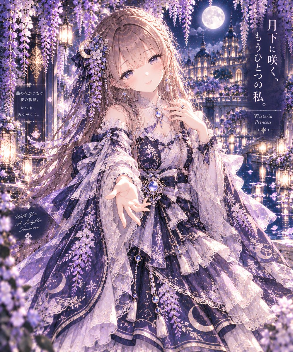 AIXyu1v's tweet photo. 🌙💜 プロンプト配布｜月夜の藤姫和ロリ
＃ゆきプロンプト

藤紫×紺×月白×銀で彩る、幻想的な和ロリ衣装✨
振袖風の袖に藤刺繍、銀糸レース、帯リボン、月石の装飾をたっぷりと。

背景も満開の藤棚＋月を映す池＋和洋折衷の離宮へ🌙
月明かりと藤の花に包まれる、静かで優雅な一枚をぜひお試しください💜

【プロンプト】
Use the provided character reference as the visual basis for the character.

Theme:
Moonlit Wisteria Princess Wa-Lolita — an elegant Japanese-Western fusion Lolita fashion inspired by moonlight, cascading wisteria flowers, furisode sleeves, silver lace, moonstone, and a serene aristocratic garden at night.

Visual theme:
wisteria purple × deep navy × lunar white × moonlight silver,
Wa-Lolita fashion,
faux-furisode sleeves,
wisteria embroidery,
silver-thread lace,
obi ribbon,
moonstone jewelry,
moonlit wisteria trellis,
reflecting pond,
and an elegant Japanese-Western palace.

The overall image should feel:
elegant,
romantic,
mysterious,
refined,
aristocratic,
serene,
dreamlike,
and softly illuminated by moonlight.

CHARACTER PRESERVATION:

Keep the referenced character clearly recognizable.

Preserve the character's:
face,
facial features,
hairstyle,
hair length,
hair color,
eye color,
skin tone,
body shape,
body proportions,
age appearance,
and overall visual identity.

Keep distinctive character features visible in the reference.

Do not unnecessarily redesign the face or hairstyle.

The main changes should be:
outfit,
fashion accessories,
pose,
lighting,
atmosphere,
and background.

OUTFIT:

Transform the character's clothing into an extraordinarily detailed Moonlit Wisteria Princess Wa-Lolita ensemble.

Combine:
traditional Japanese kimono aesthetics,
faux-furisode sleeves,
classical Lolita fashion,
Victorian-inspired lace,
and refined celestial details.

Use:
wisteria-purple silk,
deep navy jacquard,
lunar-white fabric,
transparent lavender organza,
silver-thread embroidery,
and fine moon-white lace.

BODICE:

Create an elegant structured jumper-skirt bodice.

Use deep navy and rich wisteria-purple fabric.

Add a lunar-white inner blouse with a modest kimono-inspired overlapping neckline.

Decorate selected areas with delicate silver embroidery inspired by:
wisteria vines,
small wisteria blossoms,
crescent moons,
flowing water,
and elegant Japanese geometric patterns.

Add:
small silver buttons,
fine piping,
and restrained moonstone details.

Keep significant areas of plain navy and purple fabric visible.

FURISODE-INSPIRED SLEEVES:

Create graceful long furisode-inspired sleeves.

Use:
wisteria-purple silk,
deep navy fabric,
lunar-white inner layers,
and translucent pale-lavender organza.

Create beautiful flowing sleeve panels without making them excessively oversized.

Decorate them with cascading embroidered wisteria.

Use:
lavender,
deep violet,
lunar white,
and fine silver thread.

Add subtle silver-thread lace along selected sleeve edges.

Let the sleeves move naturally in the night breeze.

LOLITA SKIRT:

Create a knee-to-mid-calf bell-shaped classical Lolita skirt.

Use layered:
deep navy silk,
wisteria-purple jacquard,
lunar-white fabric,
soft lavender chiffon,
transparent organza,
and fine silver-thread lace.

Create elegant structured volume with:
soft pleats,
layered frills,
scalloped lace,
and restrained ribbon details.

Decorate selected skirt panels with cascading wisteria embroidery.

Allow some embroidered flowers to gradually descend toward the lower skirt.

Add subtle:
crescent moons,
rippling-water patterns,
and silver botanical lines.

Keep the design sophisticated rather than excessively busy.

OBI:

Create an elegant Japanese-inspired obi around the waist.

Use:
deep navy,
wisteria purple,
lunar white,
and polished silver details.

Decorate the obi with:
woven wisteria patterns,
subtle moon motifs,
and fine silver geometric embroidery.

SIGNATURE OBI RIBBON:

Create a beautiful layered obi bow at the back.

Use:
deep navy as the foundation,
wisteria purple as the main accent,
lunar-white inner layers,
and silver edging.

Allow elegant ribbon tails to fall naturally behind the skirt.

Decorate them with sparse wisteria embroidery.

The bow should be visually distinctive but proportionate to the outfit.

SILVER-THREAD LACE:

Use delicate silver-thread and lunar-white lace.

Apply it selectively to:
the neckline,
sleeves,
bodice edges,
skirt layers,
underskirt,
and obi ribbon.

The lace patterns should be inspired by:
wisteria petals,
leaves,
crescent curves,
and flowing vines.

Avoid excessively dense lace.

HAIR ACCESSORY:

Keep the character's original hairstyle and hair color.

Add an elegant asymmetric Moonlit Wisteria hair ornament.

Use:
small cascading wisteria flowers,
polished silver,
moonstone,
lunar-white pearls,
fine silver chains,
and restrained deep-navy ribbon.

Add one delicate crescent-moon ornament.

Let a short cluster of wisteria flowers hang naturally beside the hair.

Do not create a crown.

Do not replace the original hairstyle.

ACCESSORIES:

Add refined Japanese-Western accessories.

Include:
moonstone drop earrings,
a delicate silver pendant,
small pearl details,
decorative kumihimo cords,
and a restrained silver obi ornament.

Add a small moonstone charm near the waist.

Keep jewelry delicate and elegant.

FOOTWEAR:

Create elegant Wa-Lolita footwear.

Use:
deep navy or wisteria-purple Mary Jane shoes
or refined short Victorian-inspired boots.

Add:
small silver buckles,
restrained ribbon details,
and subtle floral decoration.

Pair them with:
lunar-white lace stockings
or elegant white knee-high socks.

BACKGROUND:

Transform the entire environment into a magnificent moonlit wisteria garden surrounding an elegant Japanese-Western palace.

WISTERIA TRELLIS:

Create a long monumental wisteria trellis.

Fill it with naturally cascading clusters of:
lavender wisteria,
deep violet wisteria,
pale purple flowers,
and restrained lunar-white blossoms.

The hanging flowers should form a beautiful canopy above the character.

Allow moonlight to pass between the flowers.

Do not completely obscure the architecture or character.

GARDEN:

Create a serene aristocratic night garden.

Include:
aged stone pathways,
moss-covered stones,
trimmed shrubs,
small stone lanterns,
ornamental grasses,
traditional garden elements,
and restrained European flower beds.

Blend Japanese and Western landscaping naturally.

REFLECTING POND:

Create a calm ornamental pond beside the wisteria trellis.

The water should reflect:
the moon,
wisteria flowers,
palace windows,
and silver-blue night sky.

Add:
natural stones,
small ripples,
a few floating leaves,
and subtle reflections.

Keep the pond realistic and peaceful.

PALACE:

Create a magnificent Japanese-Western fusion palace beyond the garden.

Combine:
elegant European mansion architecture,
Japanese wooden verandas,
arched windows,
decorative balconies,
dark wooden corridors,
pale stone,
and restrained traditional roof details.

Use:
warm ivory,
dark wood,
deep navy,
and subtle silver accents.

The palace should feel:
aristocratic,
romantic,
beautifully maintained,
and slightly nostalgic.

Do not reproduce a specific real-world building.

No readable signs.
No logos.

MOON:

Create a large luminous moon above the garden.

Place it clearly away from the character's head.

Do not use the moon as a halo.

Show subtle lunar surface texture.

Use:
lunar white,
soft silver,
and pale blue-gray.

Allow the moonlight to reflect naturally across the pond.

LIGHTING:

Use elegant silver-blue moonlight as the primary illumination.

Add restrained warm amber light from:
palace windows
and selected garden lanterns.

Create beautiful rim lighting around:
the character's hair,
faux-furisode sleeves,
lace,
wisteria flowers,
obi ribbon,
and skirt silhouette.

Let moonlight sparkle subtly on:
silver embroidery,
moonstone jewelry,
pond water,
and silk fabric.

Keep the character's face clearly visible.

ATMOSPHERE:

Add:
a gentle night breeze,
very subtle garden mist,
a restrained number of drifting wisteria petals,
soft atmospheric haze,
and gentle movement in the hanging flowers.

Let the breeze naturally move:
hair strands,
long sleeves,
lace,
obi ribbon tails,
and selected skirt layers.

Keep the atmosphere elegant and quiet.

No giant magic circle.
No excessive magical particles.
No glowing butterflies.
No lightning.
No supernatural portal.

POSE:

Show the character standing quietly beneath the cascading wisteria trellis.

Use an elegant three-quarter side composition.

Turn the body slightly away from the camera.

Place one hand gently near the obi at the waist,
lightly touching the ribbon or resting naturally against the fabric.

Keep the hand low and close to the character's own body.

Let the other arm rest naturally beside the body,
partially framed by the flowing furisode-inspired sleeve.

Turn the character's face upward toward the moon.

Use a graceful side profile or soft three-quarter profile.

The expression should feel:
calm,
thoughtful,
peaceful,
and slightly enchanted by the moonlit scenery.

The character does not need to look toward the viewer.

Do not make the character reach toward the camera.
Do not extend an open palm toward the viewer.
Do not make the character reach for the wisteria.
Do not make the character catch petals.
Do not make the character point toward the moon.
Do not use a symmetrical front-facing presentation pose.

Let the night breeze gently move:
the hair,
wisteria clusters,
long sleeves,
obi ribbons,
lace,
and skirt.

COMPOSITION:

Create a cinematic full-body vertical anime-style Wa-Lolita fashion portrait.

Place the character slightly off-center beneath the wisteria canopy.

Use a three-quarter side composition.

Clearly show:
the recognizable character,
faux-furisode sleeves,
wisteria-embroidered jumper skirt,
silver-thread lace,
obi ribbon,
moonstone hair ornament,
wisteria trellis,
reflecting pond,
Japanese-Western palace,
and moon.

Use:
the stone pathway,
edge of the pond,
wisteria trellis,
and palace veranda
as natural leading lines.

Place a few softly blurred wisteria clusters in the near foreground.

Allow the palace and moon to remain visible through openings in the hanging flowers.

Create strong depth between:
foreground wisteria,
the character,
the pond,
the palace,
and the night sky.

Keep the character as the strongest visual focus.

Exactly ONE main human character.
No additional people.
No servants.
No couples.
No crowds.
No humanoid statues.
No animal ears.
No animal tail.
No wings.
No readable text.
No logo.

Exactly two human arms and two human legs.
Natural hands with five fingers.
No duplicated limbs.
No extra fingers.

High-detail anime illustration,
luxurious Wa-Lolita fashion,
intricate wisteria embroidery,
fine silver-thread lace,
beautiful silk textures,
cinematic moonlight,
realistic water reflections,
elegant fabric movement,
serene Japanese-Western fantasy atmosphere.