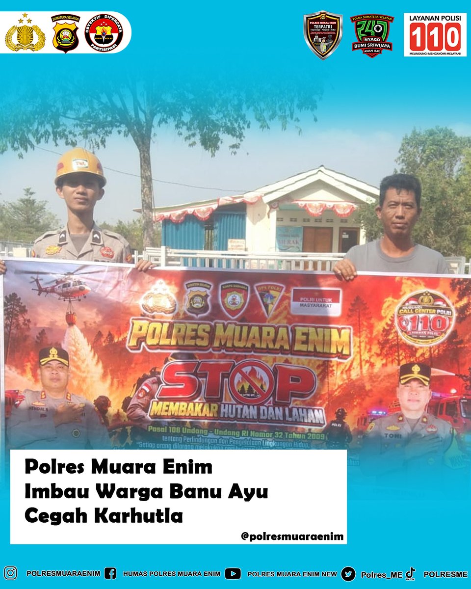 Polres_ME's tweet photo. Polres Muara Enim Imbau Warga Banu Ayu Cegah Karhutla
Selama kegiatan berlangsung, situasi di wilayah Desa Banu Ayu terpantau aman, kondusif dan terkendali.
#PolresMuaraEnim #PoldaSumsel #SatSamapta #PamObvit #Karhutla #CegahKarhutla #StopKarhutla https://t.co/1YxPpe3Zgo