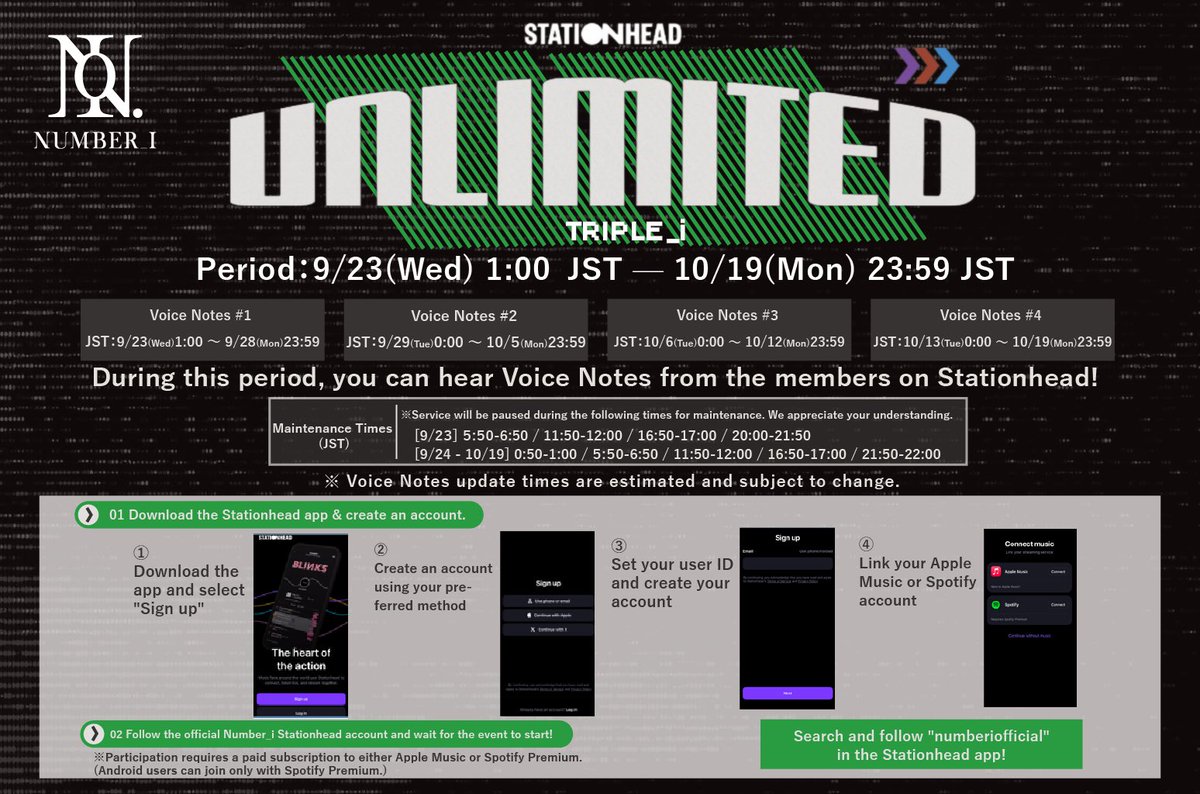 number_i_offic's tweet photo. Stationhead【UNLIMITED “TRIPLE_i”】開催決定✨

好きな時間にStationheadに参加しよう🎧
週替わりで、特別ボイスノートがお聴きいただけます！

期間：9月23日(水)1:00〜10月19日(月)23:59
※メンバーの登場はございません
※メンテナンス時間あり

詳細はこちら
🔗https://t.co/7vaV4mbb2Y

フォローはこちらから
▶︎https://t.co/gxNTl5nveY

#TRIPLE_i
#Number_i #Ni_REBON_BUGSLIFE_DIGITALGIRL 
---
🎧Stationhead【UNLIMITED “TRIPLE_i”】is coming!✨

Join us on Stationhead whenever you like!🎧
Check out our special weekly voice notes!

Period: Sep 23 (Wed) 1:00 AM - Oct 19 (Mon) 23:59 PM JST
*No live member appearances
*Subject to temporary maintenance

Follow us here
▶︎https://t.co/gxNTl5nveY