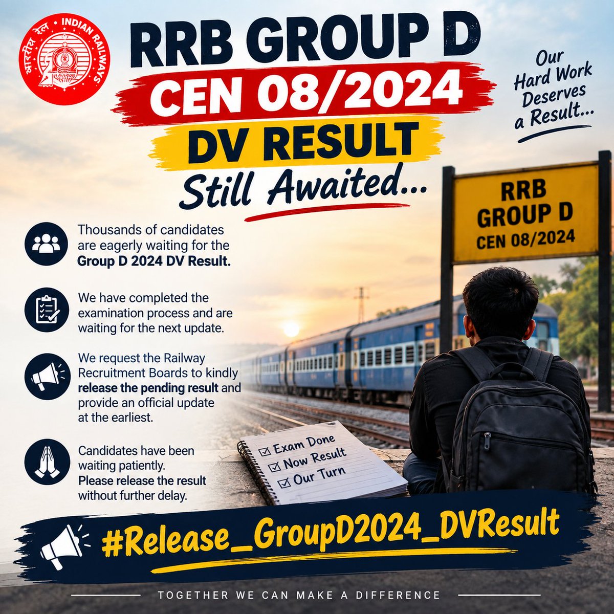 badithibiy52739's tweet photo. 📢 @RailMinIndia @RailwaySeva
Please look into the matter and provide an update regarding the DV Result.
#Release_GroupD2024_DVResult https://t.co/HhK3wvIzp7