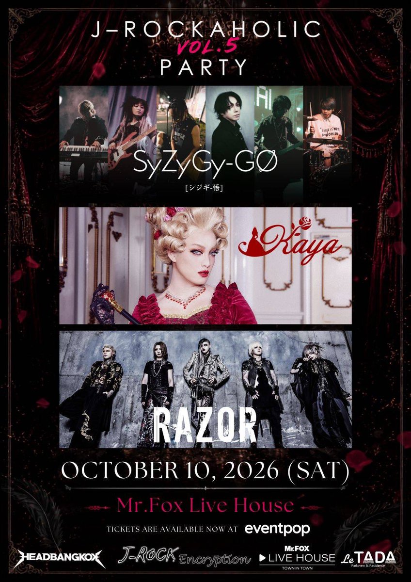 TripleclickTH's tweet photo. สาย J-Rock ห้ามพลาด! J-Rockaholic PARTY Vol.5 รวมพล 10 ต.ค. นี้
พบกับ KAYA, RAZOR และ SyZyGy-GO
#JRockaholicPARTY
#Kaya #SyZyGyGO #RAZOR
#VisualKei #JRock
#JRockEncryption
เตรียมพบกับอีกหนึ่งงานจาก J-ROCK Encryption การรวมตัวของแฟนเพลง J-Rock และ Visual Kei ประเทศไทยในงาน J-Rockaholic PARTY Vol.5 ในวันเสาร์ที่ 10 ตุลาคม 2569 ณ https://t.co/GAErHIlh98 LIVE HOUSE กรุงเทพฯ เพื่อสร้างพื้นที่เชื่อมต่อสาวกสายร็อกกับ 3 ศิลปินระดับคุณภาพนำโดย KAYA ศิลปินเดี่ยว Visual Kei ผู้มีเอกลักษณ์เฉพาะตัวด้วยน้ำเสียงทรงพลัง โดดเด่นด้วยการผสมผสานกลิ่นอายดนตรีโอเปร่า, EDM, Gothic และ Chanson เข้าด้วยกันอย่างลงตัว ผสานเข้ากับแฟชั่นการแต่งตัวสไตล์โกธิกประณีตงดงามและการแสดงสดข้ามสายวัฒนธรรมที่ครองใจแฟนเพลงมาแล้วทั่วโลก ทั้งในยุโรปและอเมริกา
SyZyGy-GO โปรเจกต์ดนตรี J-Rock ข้ามสายพันธุ์ของ 6 ศิลปินมากประสบการณ์จากไทยและญี่ปุ่น ได้แก่ Nimo (ร้องนำ), Okuma Keito Kunio (คอมโพสเซอร์/โปรดิวเซอร์), Niku sama (กีตาร์), Bookr8m (เบส), Valyn (คีย์บอร์ด) และ PlaA (กลอง) ที่จะร่วมกันถ่ายทอดมิตรภาพและเคมีทางดนตรีอันโชกโชน โดยมีกำหนดเปิดตัวการแสดงสดต่อหน้าสาธารณชนเป็นครั้งแรกในงานนี้
พร้อมการกลับมาของ RAZOR วง Visual Kei แถวหน้าจากญี่ปุ่น ประกอบด้วยสมาชิก 5 คน ได้แก่ Ryoga (ร้องนำ), Tsurugi (กีตาร์), Kouryu (กีตาร์), IZA (เบส) และ Nikky (กลอง) เจ้าของซาวด์หนักแน่นและการแสดงสดอันดุดันที่สั่งสมประสบการณ์มากว่าทศวรรษ
เปิดจำหน่ายบัตรแล้ววันนี้ทาง Eventpop
https://t.co/XveL925F5d
บัตรทั่วไป (General Admission): Regular 2,000 บาท / หน้างาน 2,500 บาท
บัตร VIP (จำกัด 100 ใบ): Regular 3,000 บาท / หน้างาน 3,500 บาท
บัตร VVIP (จำกัด 75 ใบ): Regular 4,000 บาท / หน้างาน 4,500 บาท
Supporter Package (จำกัด 20 ใบ): Regular 6,000 บาท / หน้างาน 6,500 บาท
บัตรรับชมออนไลน์ (Live Streaming & ย้อนหลัง 7 วัน): 1,000 บาท
ติดตามรายละเอียดเพิ่มเติม อัปเดตข่าวสาร และสอบถามข้อมูลได้ทางแฟนเพจ J-Rock Encryption
https://t.co/6nv7nWKorK