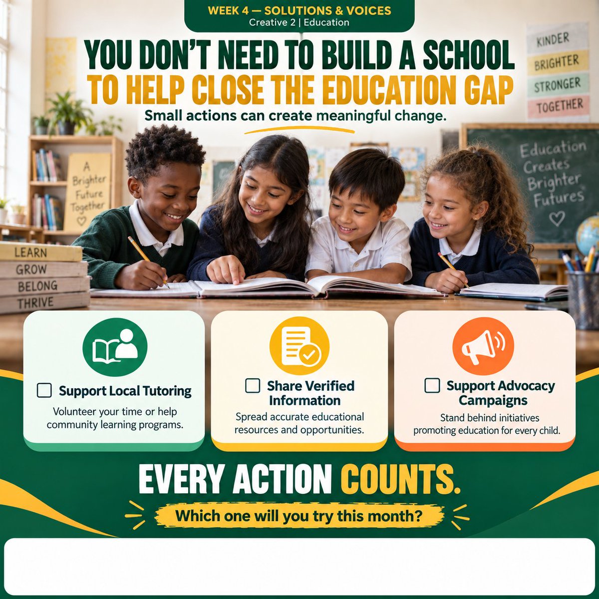 BHMFoundation's tweet photo. Small Actions Can Close the Education Gap.

You don’t need to build a school to make a difference. Supporting local tutoring, sharing verified educational information.

Every action counts. Which one will you try this month? https://t.co/iIqdF06ENF