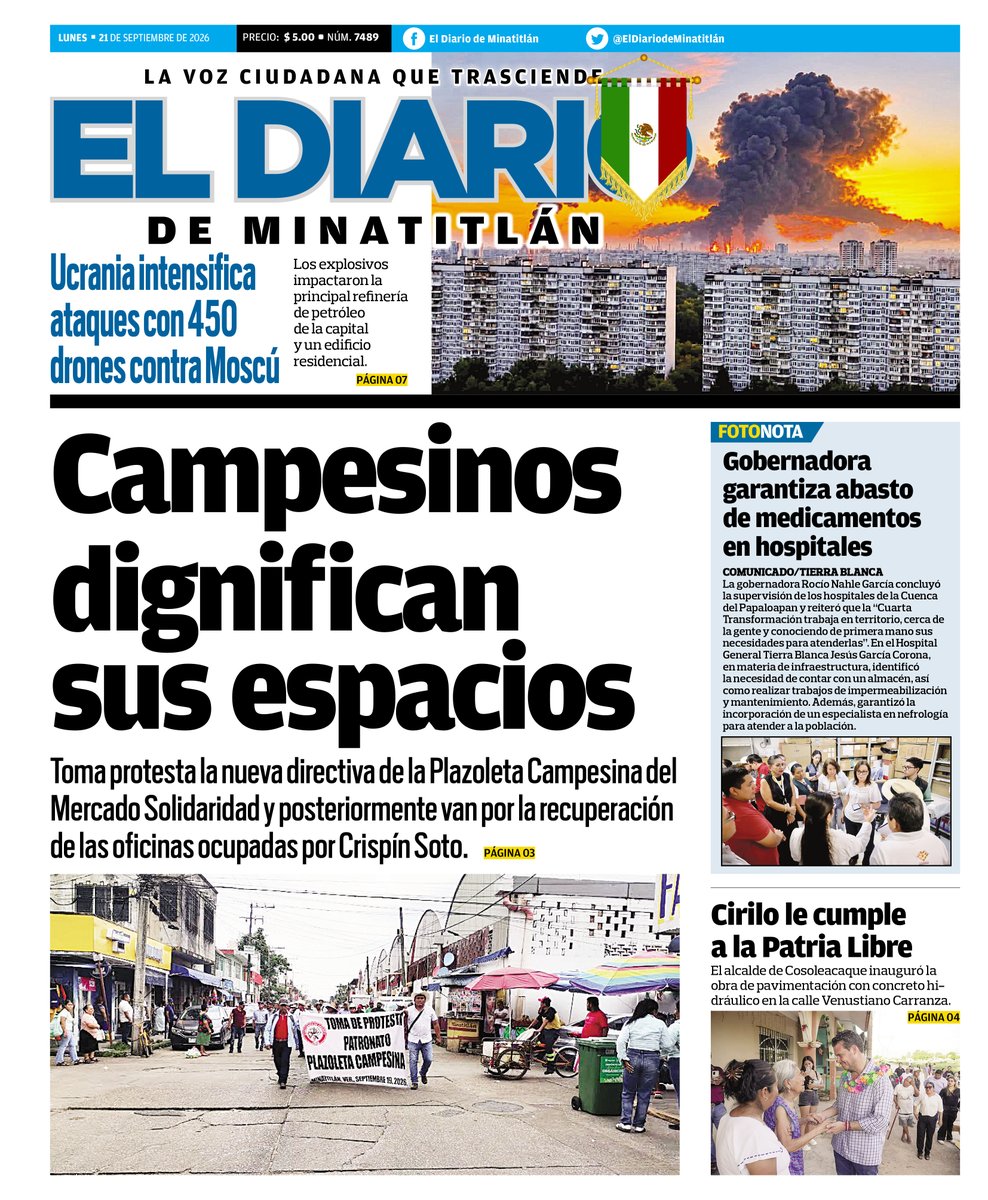 ElDiariodeMina's tweet photo. LUNES 21 SEPTIEMBRE DEL 2026

✅- Apuestan al rescate y dignificación campesina
✅- Minatitlán participa en el Segundo Simulacro Nacional
✅- ¡Vive Veracruz de norte a sur!

https://t.co/mS2vsSwMYs

#aguadulce #minatitlan #laschoapas #soteapan #tatahuicapan https://t.co/NhYjIYc90P
