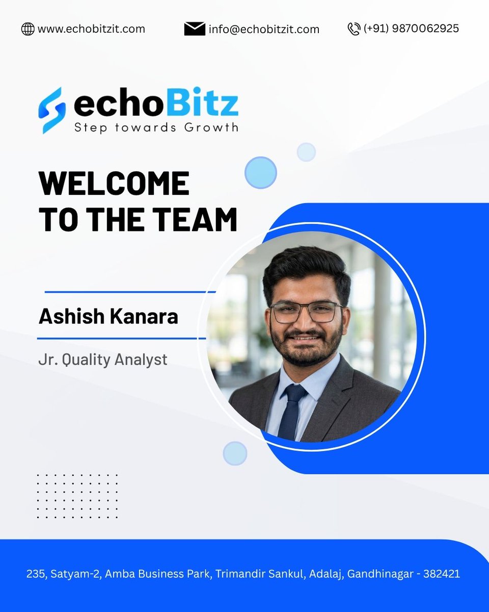 echoBitzIT's tweet photo. We are excited to welcome Ashish Kanara to the echoBitz team as our new Quality Analyst. 

🎉 Welcome to the team!  

#NewJoinee #TeamEchoBitz #Odoo #QualityAnalyst #EmployeeWelcome #CorporateCulture #EchoBitz #GrowthJourney https://t.co/G3a3gIKs8a