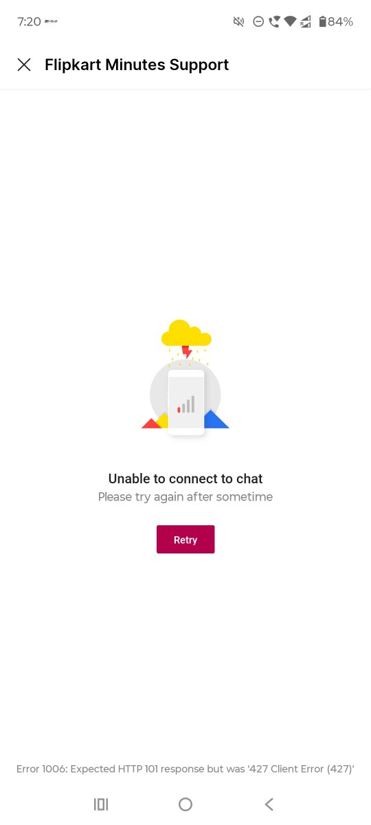 ashish3110's tweet photo. @Flipkart @flipkartsupport for last 18+ hours I am trying to raise issue with Flipkart Minutes product delivered to me. But Application Chatbot is not able to connect. Rest everything is working. I am connected to my home wifi but still I am unable to connect and raise concern. https://t.co/Xcpa3Z8hsr