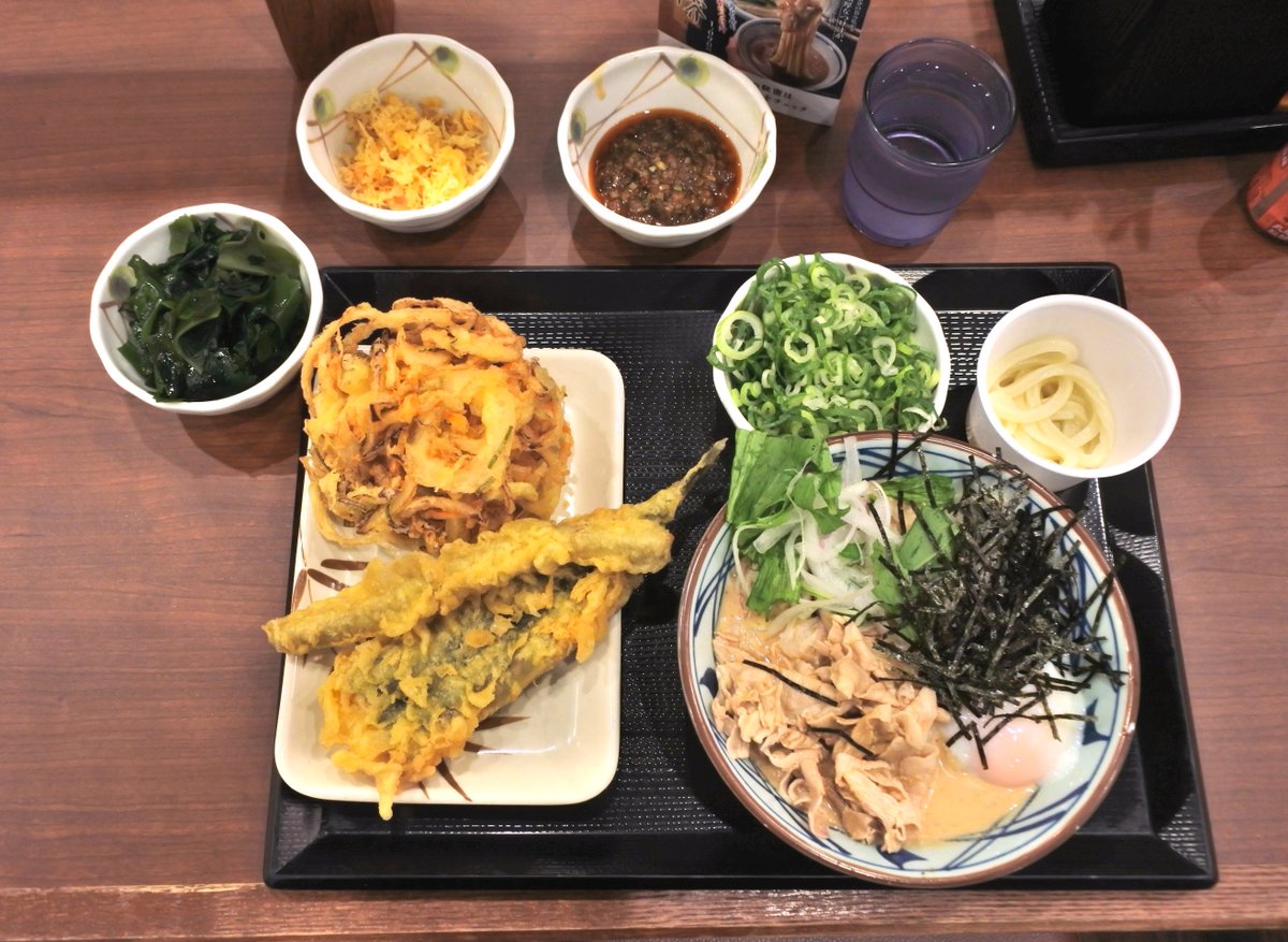 hidekicyberjack's tweet photo. 美術鑑賞のあとは腹ごしらえです😋今日は「丸亀製麺　こく旨ごまだれ豚玉うどん」かき揚げとごぼう天ぷら、サンマの天ぷらを奢ってしまいました。いやはや上戸彩さんのＣＭを見る度に食べたかったんです♪(笑) https://t.co/LhghaILnol