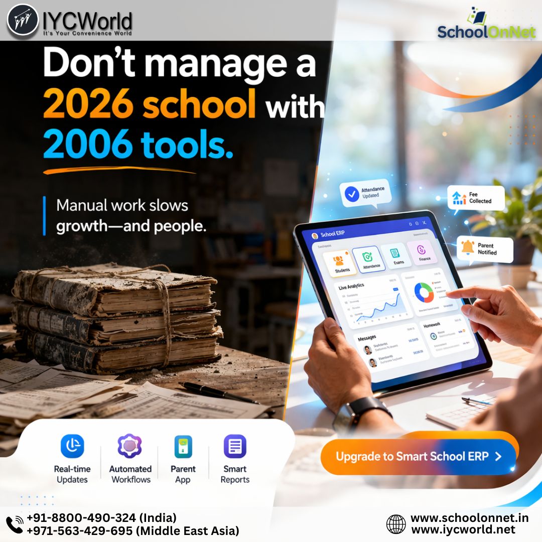 schoolonnet's tweet photo. 🏫 Don’t let outdated processes hold your school back.
Upgrade to a Smart School ERP and manage everything faster, smarter, and from one place. 🚀
Less manual work. More control. Better growth.

#SchoolERP #SmartSchool #SchoolManagement #SchoolAutomation #SchoolOnNet #IYCWorld https://t.co/kC4k8vA7LS