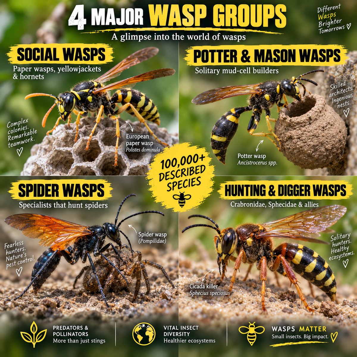 Naturetofly's tweet photo. Wasps are far more diverse than most people realize. 🐝⚡ More than 100,000 species have been described, from social paper wasps and spider hunters to metallic cuckoo wasps, parasitoids, and even “velvet ants.” Different shapes, colors, and survival strategies, all within an incredible branch of insect diversity.

#WaspWorld #NatureFacts #InsectDiversity