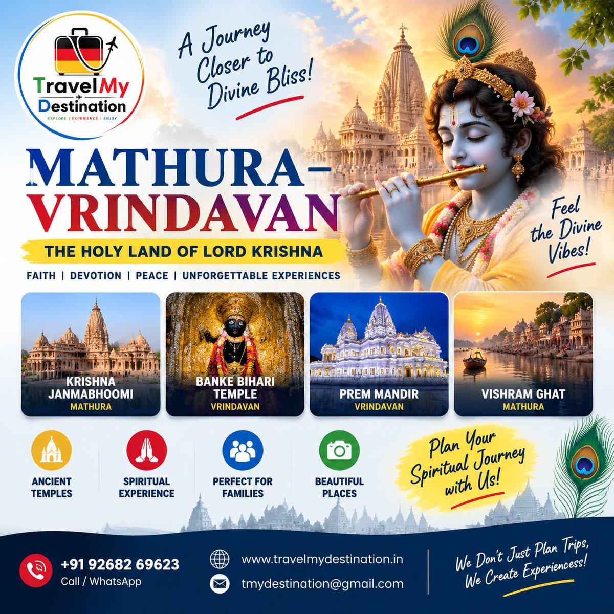TMydestination's tweet photo. 🛕✨ MATHURA–VRINDAVAN — THE HOLY LAND OF LORD KRISHNA ✨🛕

📞 Call / WhatsApp: +91 92682 69623
🌐 https://t.co/oECrD2YMk6
📧 tmydestination@gmail.com
.
.
.
.
.
.
.
.
.
.
#TravelMyDestination #Mathura #Vrindavan #MathuraVrindavan #KrishnaJanmabhoomi #LordKrishna #KrishnaBhakti https://t.co/PF39vVKBRV