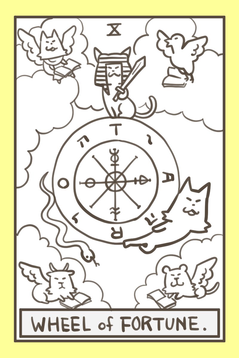 with_ponzoo's tweet photo. 【WHEEL of FORTUNE】
タロットスーパーウルトラアルティメット初心者の私には周りが好き勝手本読んで「うぇ～い↑」に見えます。
＃タロットカード　＃イラスト　＃WHEELofFORTUNE https://t.co/G6wPegKOfc
