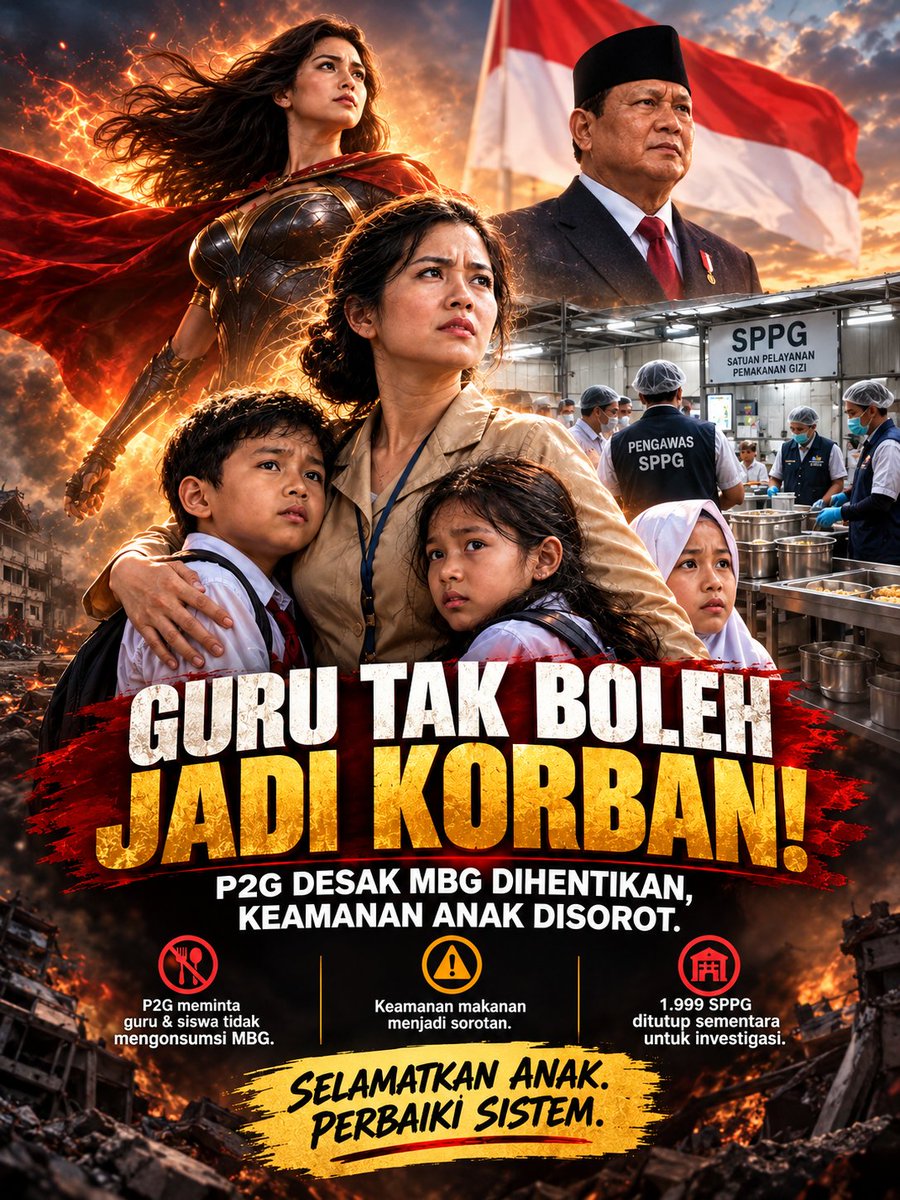 WomanBersabda_'s tweet photo. GURU ITU PAHLAWAN, BUKAN TUMBAL!
Keselamatan siswa utama. Tapi jangan hentikan MBG!

Pemerintah sapu bersih: 1.999 dapur tak higienis disikat habis. Negara pasang badan untuk keamanan gizi anak.
More👉🏻 https://t.co/TdCc4rP2iL

#Jagaindonesia #KeselamatanAnakUtama #TindakTegasSPPG https://t.co/6QGtOU4zwC