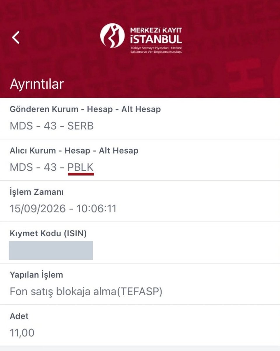 suatyildiz's tweet photo. 17 Eylül’e kadar emir verip e-Yatırımcı ekranlarında fonunun karşısında “PBLK” yazanların ödeme süreciyle ilgili henüz bir değişiklik yapılmadı.

Ödemelerin 10 gün içinde tespit edilmesi ve ardından yatırımcılara aktarılmaya başlanması bekleniyor.