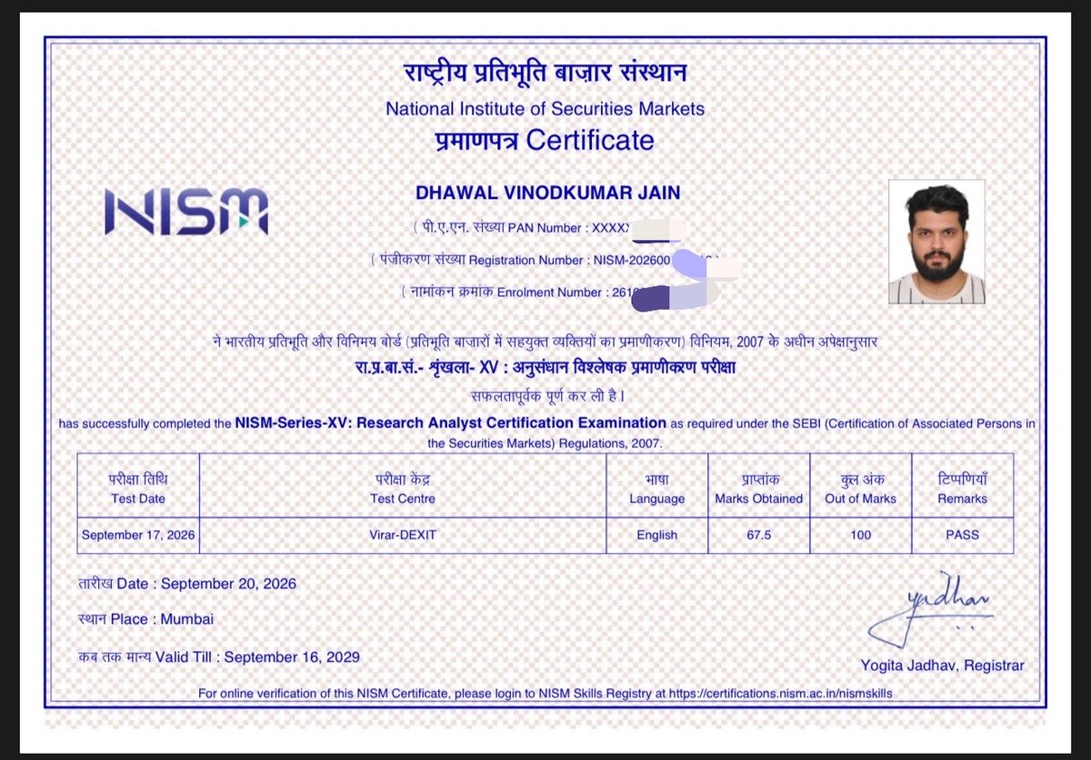 dhawal20jain's tweet photo. Finally Cleared NISM RESEARCH ANALYST EXAM on First Attempt🙏

I was doubting my self from almost 1.5 year that whether I can clear this examination or not as my Maths is weak.

But this time just booked the exam and prepared everyday & finally cleared it 🙏.

Will soon upload a detailed video guide if anyone wants to prepare for this exam😇 

One step closer to becoming SEBI registered 🤝

#NismResearchAnalyst