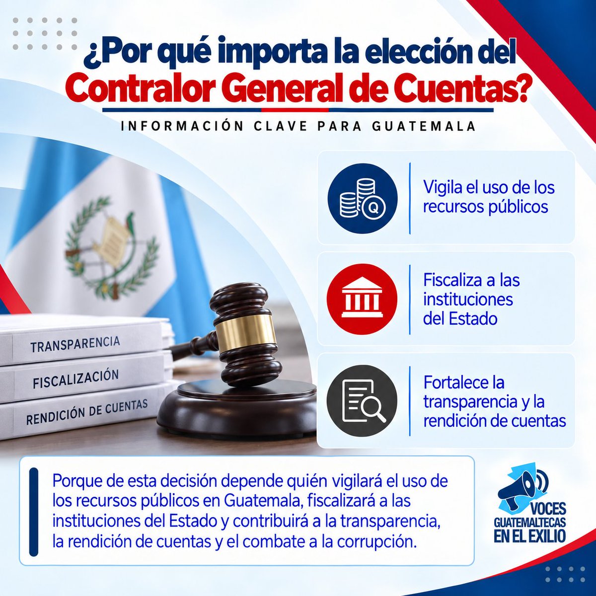 vocesenelexilio's tweet photo. 📢 ¿Por qué importa quién será el próximo Contralor General de Cuentas?La persona que ocupe este cargo tendrá la responsabilidad de fiscalizar el uso de los recursos públicos, supervisar a las instituciones del Estado y contribuir a la transparencia y la rendición de cuentas en Guatemala.

🔎 Por eso es importante conocer quiénes son las personas que integran la nómina final.
Acá te presentamos información sobre su formación, trayectoria profesional, experiencia institucional y antecedentes públicos, para que puedas conocer mejor a cada aspirante.

 Conoce los perfiles.

💬 ¿Qué opinas del proceso? ¿Conoces información relevante sobre alguno de los aspirantes? Déjanos tus comentarios.

#ContralorGeneral #Guatemala #ContraloríaGeneralDeCuentas #Transparencia #RendiciónDeCuentas #Fiscalización #VocesGuatemaltecasEnElExilio