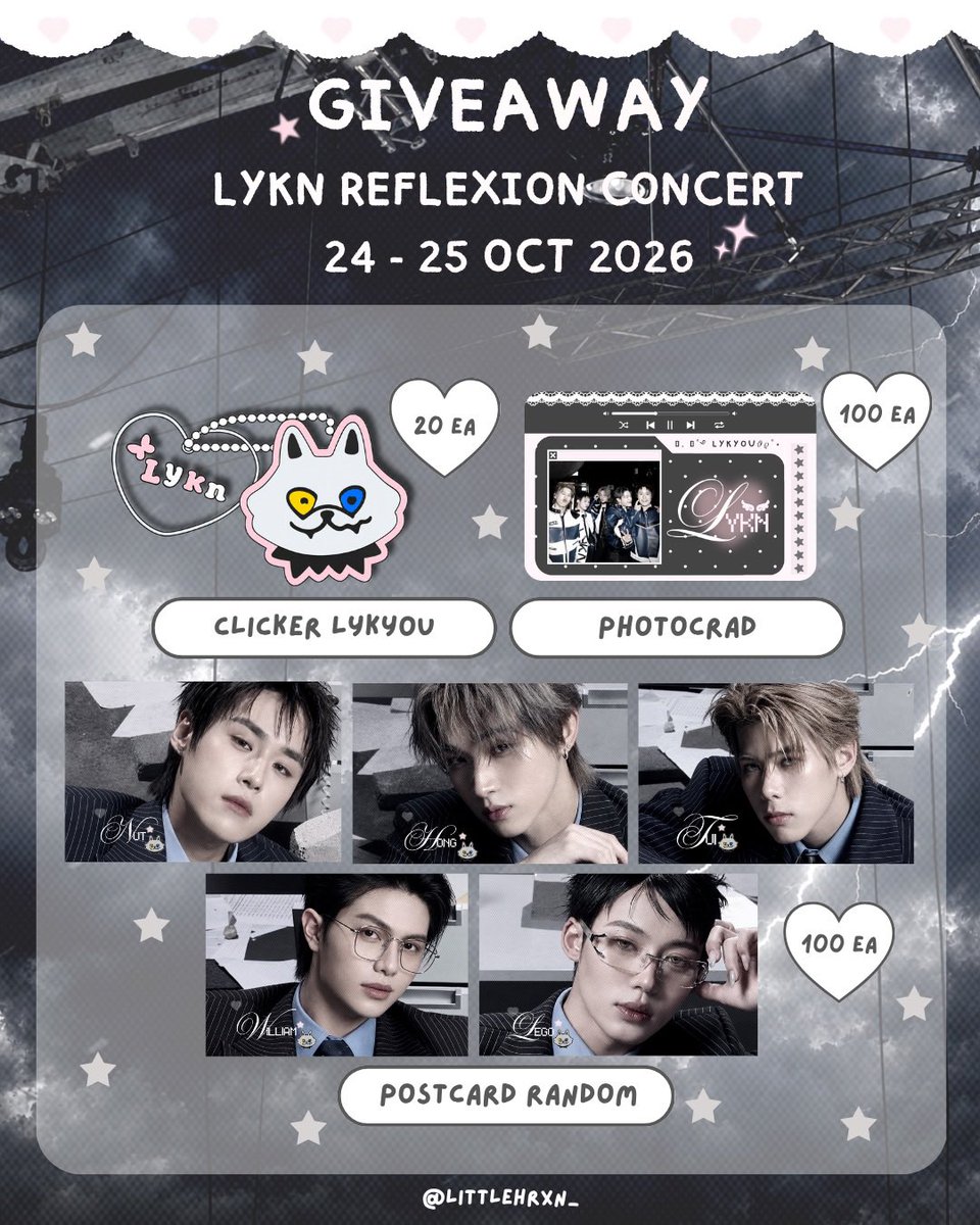 littlehrxn_'s tweet photo. ˚ *  Pls kindly rt ₍˄·͈༝·͈˄₎◞

—  𝑮𝒊𝒗𝒆𝒂𝒘𝒂𝒚 𝒇𝒐𝒓 #LYKNReflexionConcert🐺♡
      Clicker lykyou 10 ea/Day
      Photocard &amp; Postcard random 50 ea/Day
    
꒰১ rt + show this tw
꒰১ Location : impact arena 
꒰১ Date : 24-25 Oct 2026
꒰১ Time : tba

#LYKN 
#LYKYOU https://t.co/iO5vjKcTjd