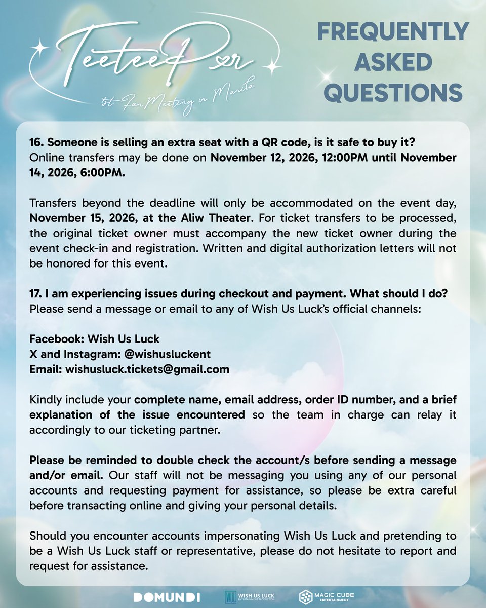 wishusluckent's tweet photo. Here's everything you need to know to secure your spot for the TEETEEPOR 1ST FAN MEETING IN MANILA, VAVAs! Check out the complete ticketing guidelines and step-by-step purchase guide below to make sure you're ready. 🐶🐻‍❄️

Kindly read everything carefully so you can plan your strategy and secure your desired tickets! 

TICKET SELLING: September 26, 2026 (Saturday) at 12NN PHT
TOP UP SELLING: September 27, 2026 (Sunday) at 12NN PHT 
TICKETING PLATFORM: https://t.co/cH26Hjx7Kj 

#TeeteePorFMinManila
#teeteepor 
#Domundi #MagicCubeTH #WishUsLuckPH