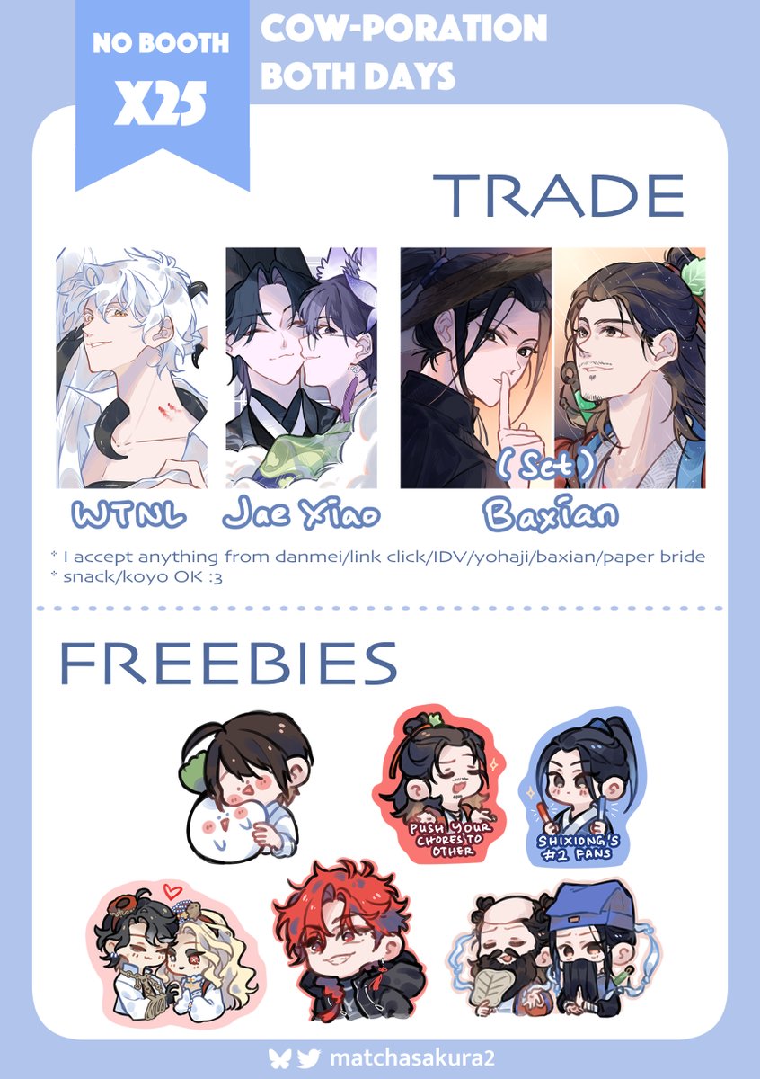 matchasakura2's tweet photo. ❤️/🔃 are appreciated
Matchasakura2's OTS CF23 Catalogue

📍Cow-Poration X25ab
📅 Both Days
📕 IDV, Link Click, Yohaji, WTNL (trade), Baxian (trade)

#CF23catalogue #CF23 https://t.co/WA6ZUoTJIE