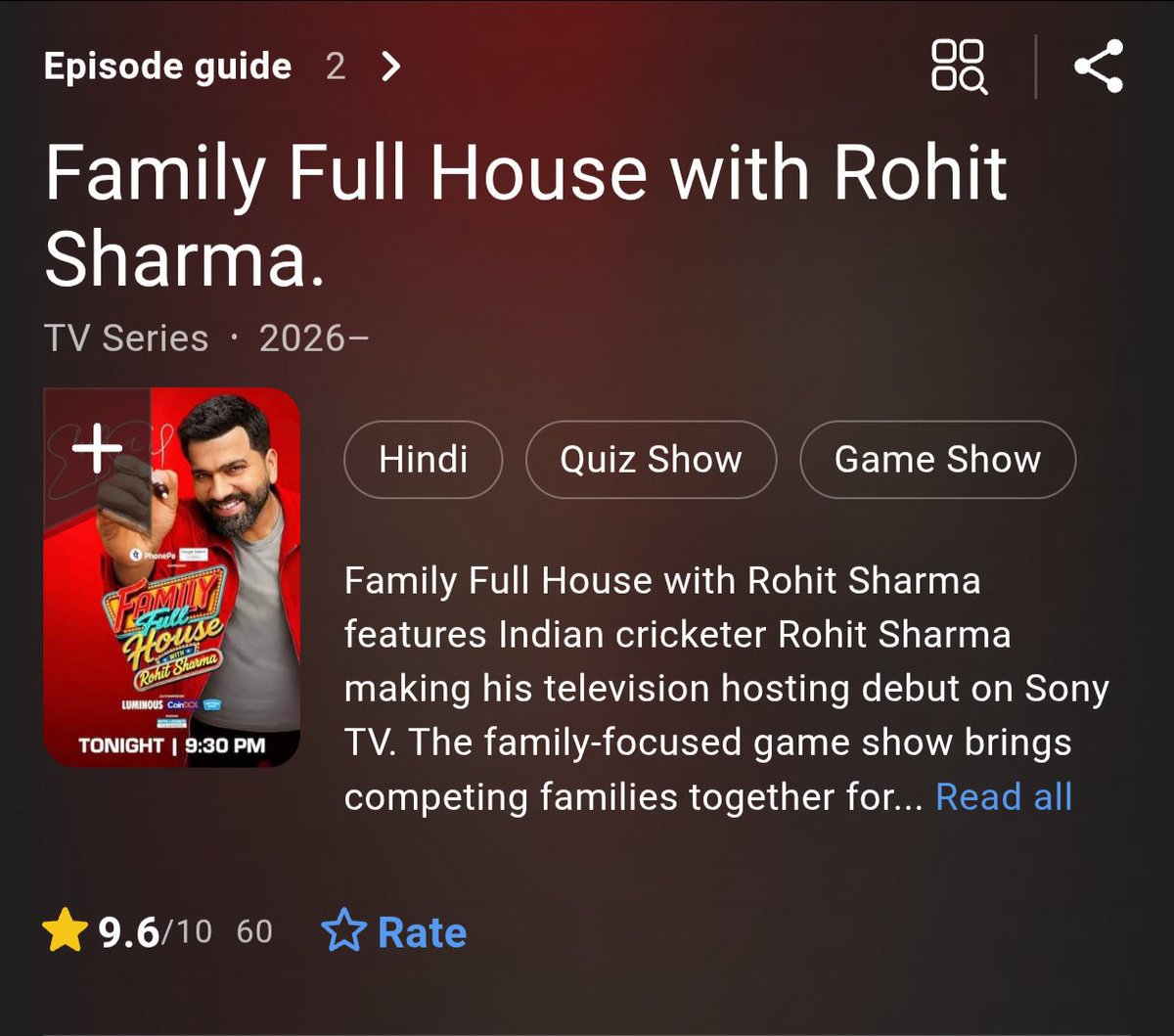 ImAdiRo_'s tweet photo. IMDB rating for Family Full House with Rohit Sharma is 9.6

- Hitman on &amp; off the field 🔥🥶 
#rohitsharma https://t.co/zhnIePq4NM