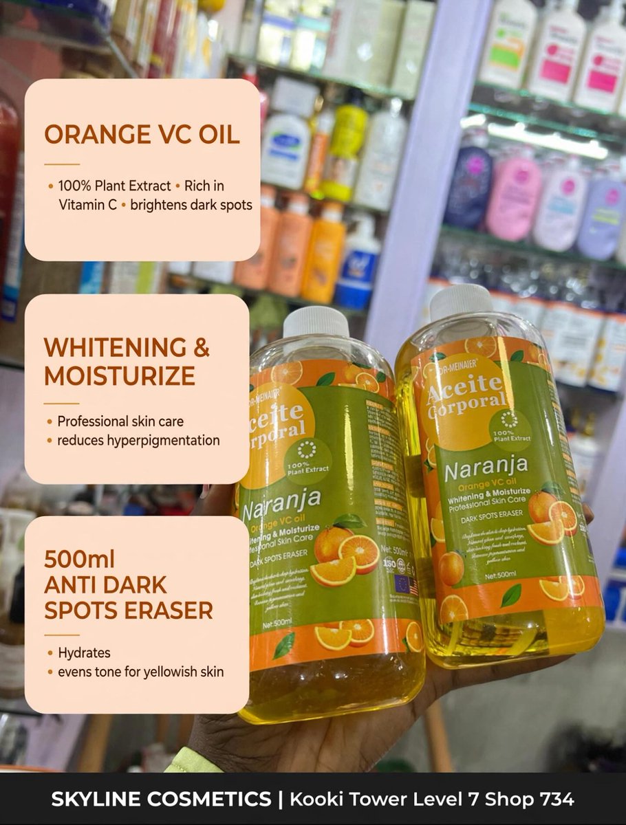 PokCharpiaw2's tweet photo. Dark spots? Time to erase them! DR-MENAIER Orange VC Body Oil, 500ml. Made with 100% plant extract and rich in vitamin C to brighten dark spots, reduce hyperpigmentation, hydrate skin, and even out yellowish skin tone. Available wholesale and https://t.co/xlwUgQejAP