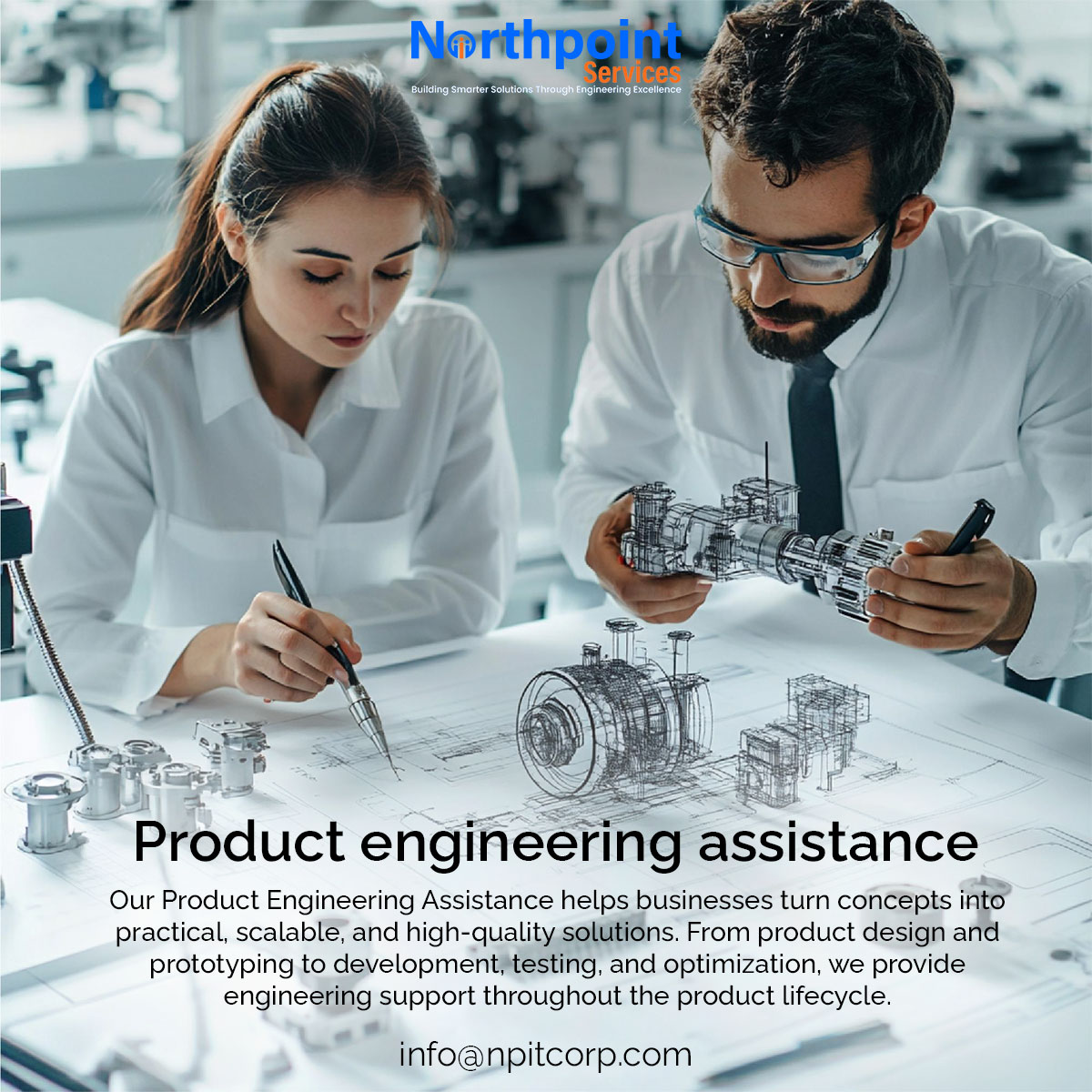 prm_it's tweet photo. Turning Ideas into Engineered Solutions! ⚙️
From product design and prototyping to development, testing, and optimization, Northpoint Services provides end-to-end Product Engineering Assistance to transform concepts into practical, scalable, and high-quality products. https://t.co/pLyBpLuTp3