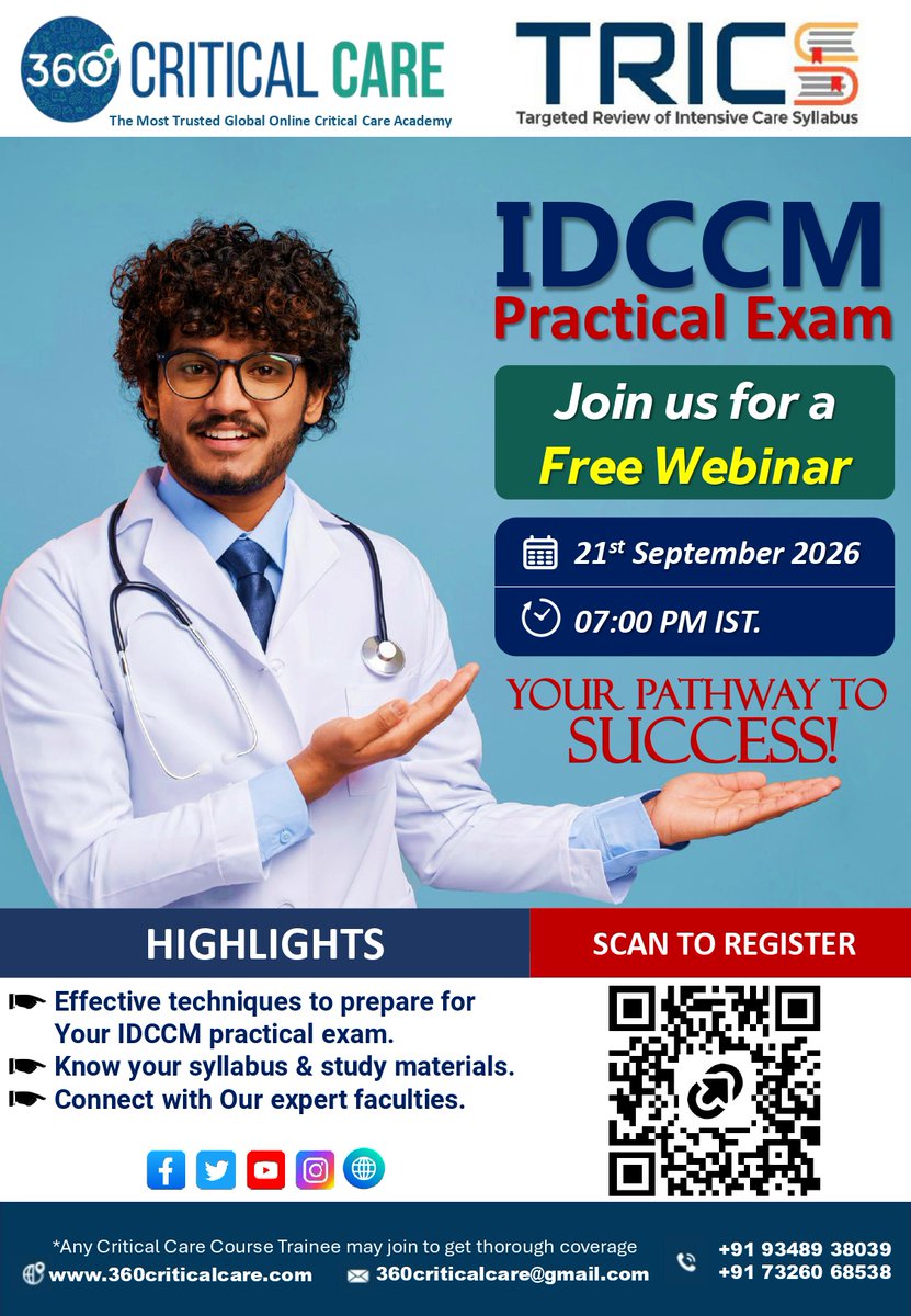 360criticalcare's tweet photo. IDCCM Examinees 
FREE TRICS IDCCM Practical Exam Preparation Webinar
📅 Today: Sept 21, 2026, 7:00 PM IST
🔗 Register Free: https://t.co/ziULnuUR5h
📲 WhatsApp Updates: https://t.co/XTG4LJ8Zt5🌐Course Registration: https://t.co/TT05T7sLMB
📱 Android App: https://t.co/kR6AC3xgIy https://t.co/kr8Pmyo5QE