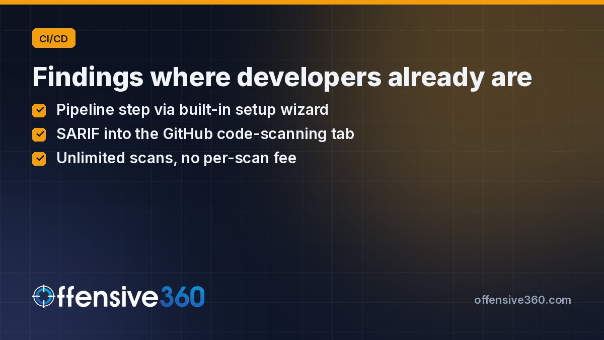 offensive360's tweet photo. A finding in a scanner dashboard waits for a login. The same finding in the pull request gets read today. Offensive360 plugs into GitHub Actions, GitLab CI and more. Unlimited scans, flat price. https://t.co/CiKwYtb4WN #DevSecOps #SAST https://t.co/MCeyBqQ0ke