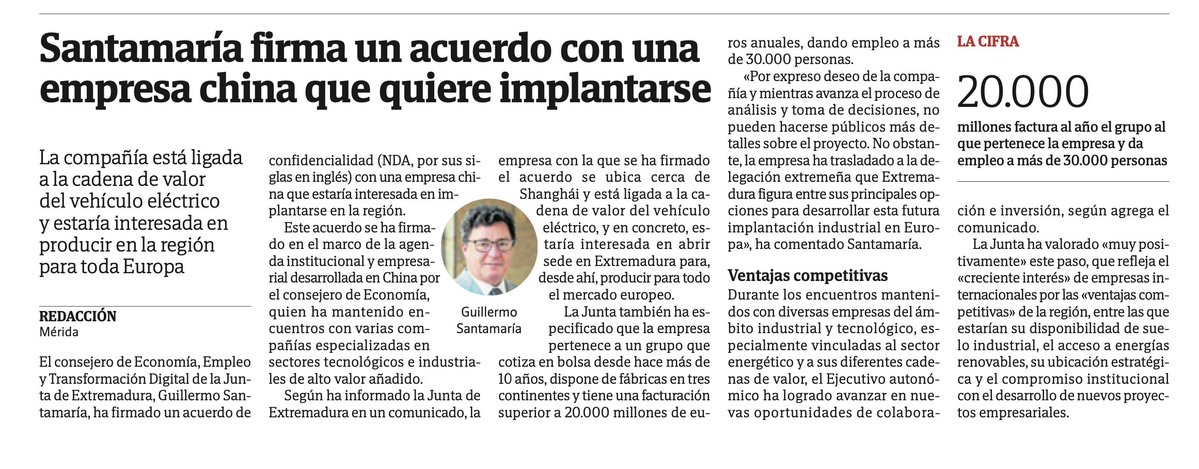 ASPREMETAL's tweet photo. El consejero de Economía, Empleo y Transformación Digital de la Junta de Extremadura ha firmado un acuerdo de confidencialidad con una empresa china ligada a la cadena de valor del vehículo eléctrico que produciría para toda Europa. 

https://t.co/GSvWlBJEa8 https://t.co/EGQQtKcONn