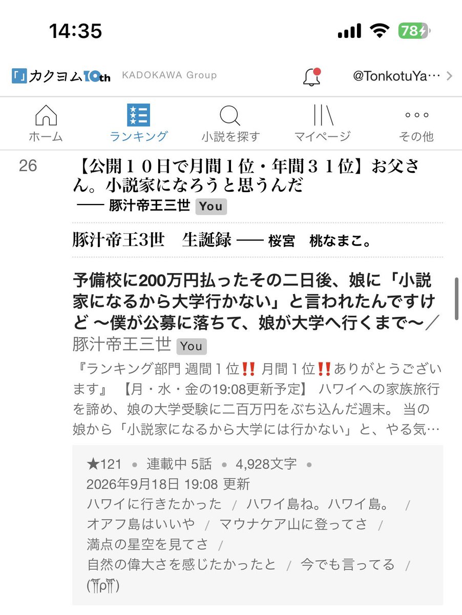 Tonjiru3sei's tweet photo. 部門　長編　年間　２６位‼️
この勢いに加勢を加えたい。しかし筆が重くて進まない(´༎ຶོρ༎ຶོ`)

累計１位の頂上は、まだまだ先だ。
ここからが、戦略と戦術の差が出てくるところだ‼️👀🐖 https://t.co/dgPy6v2CS1