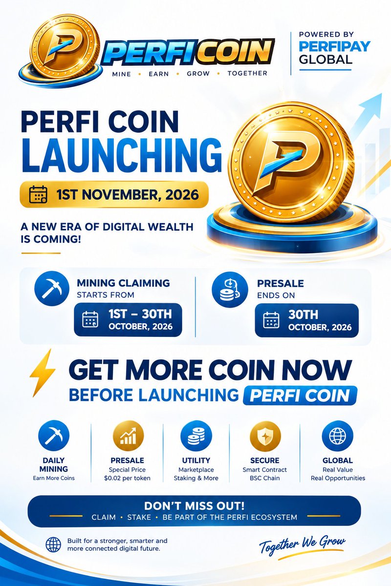 Perfipay's tweet photo. 🚀 PERFI COIN LAUNCH: NOV 1, 2026! 💙💛
⛏️ Mining Claim: Oct 1–30
💰 Presale Ends: Oct 30
Get more PERFI COIN before launch! 🔥
📲 App: https://t.co/4a4iOfl5Qu 
📢 Telegram: https://t.co/cdCnWk73ff 
MINE • EARN • GROW! 🚀 https://t.co/zOSvQLx1Be