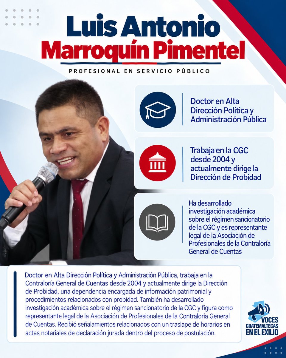 vocesenelexilio's tweet photo. 📢 ¿Por qué importa quién será el próximo Contralor General de Cuentas?
La persona que ocupe este cargo tendrá la responsabilidad de fiscalizar el uso de los recursos públicos, supervisar a las instituciones del Estado y contribuir a la transparencia y la rendición de cuentas en Guatemala.

🔎 Por eso es importante conocer quiénes son las personas que integran la nómina final.

En este carrusel presentamos información sobre su formación, trayectoria profesional, experiencia institucional y antecedentes públicos, para que puedas conocer mejor a cada aspirante.

👉 Desliza y conoce los perfiles.

💬 ¿Qué opinas del proceso? ¿Conoces información relevante sobre alguno de los aspirantes? Déjanos tus comentarios.

#ContralorGeneral #Guatemala #ContraloríaGeneralDeCuentas #Transparencia #RendiciónDeCuentas #Fiscalización #VocesGuatemaltecasEnElExilio